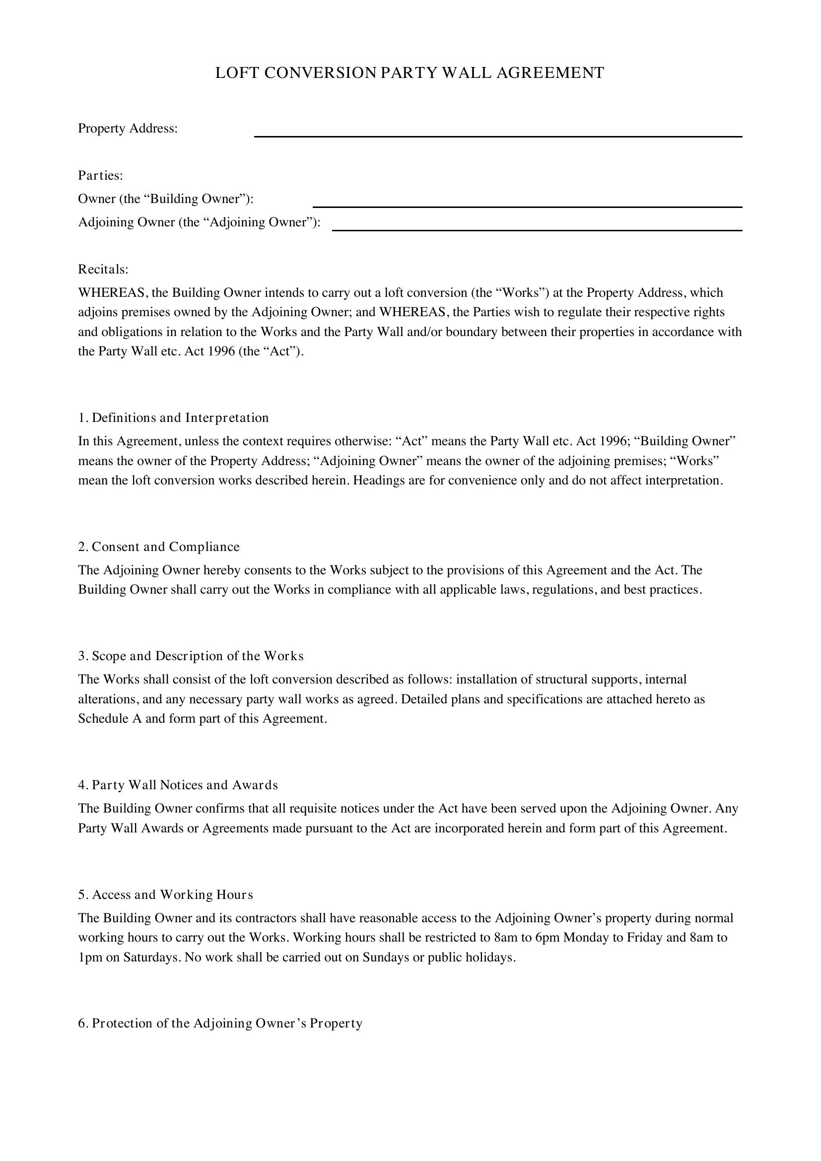 Loft Conversion Party Wall Agreement Template - UK