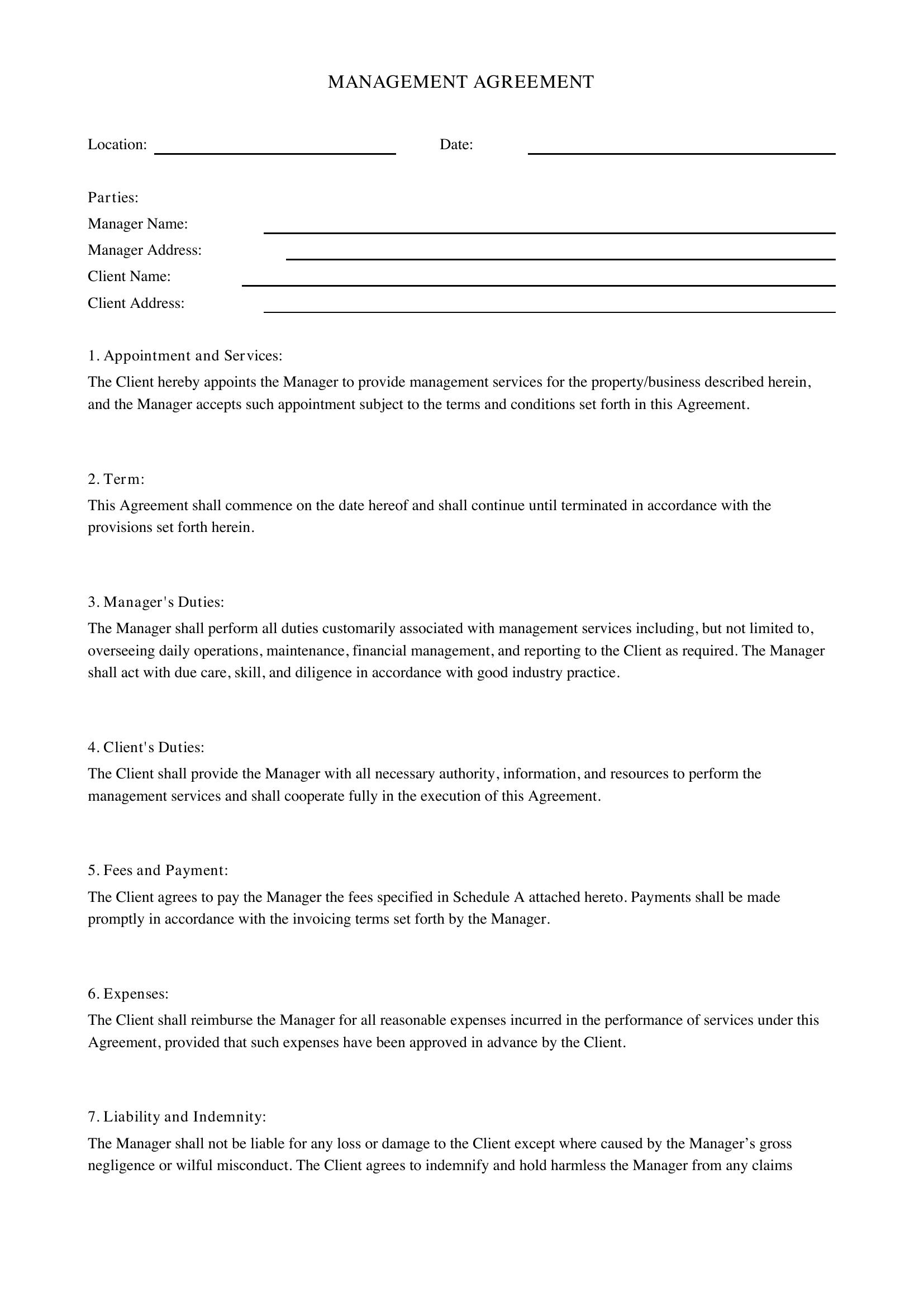 Management Agreement Template - UK