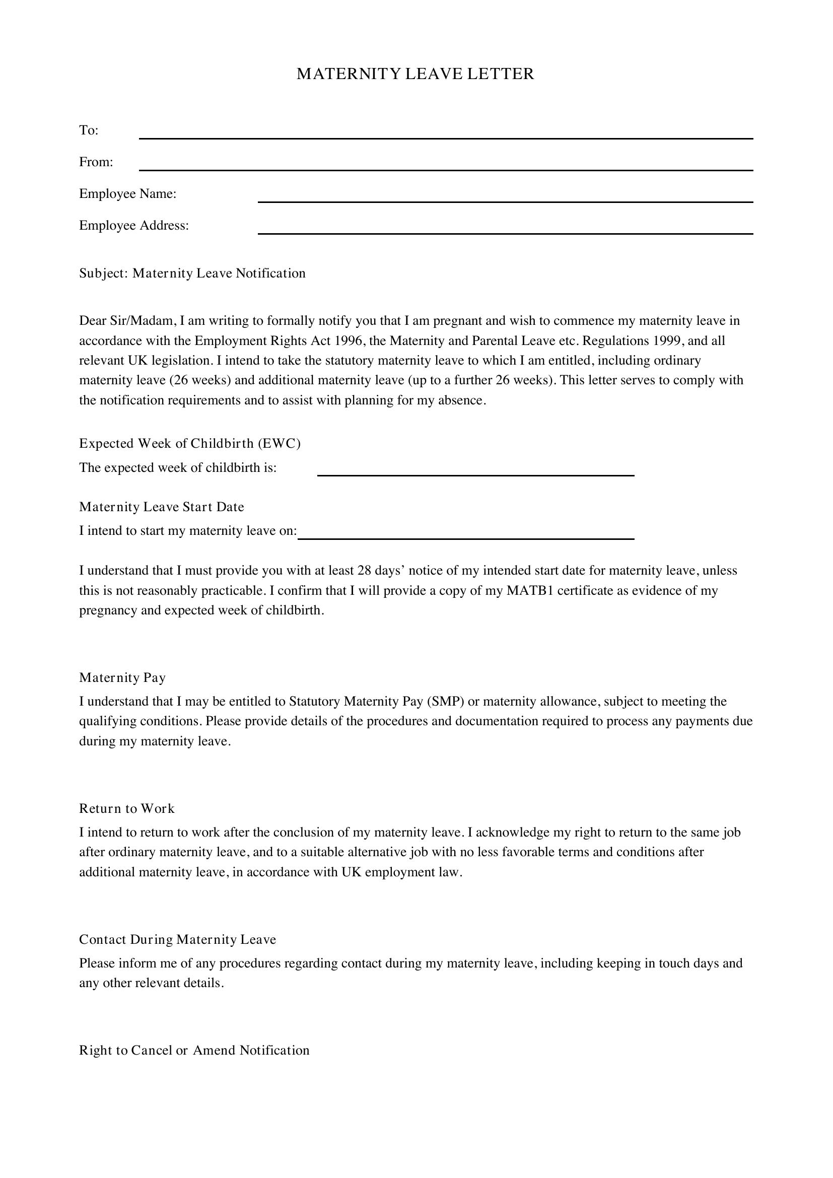 Maternity Leave Letter Template - UK