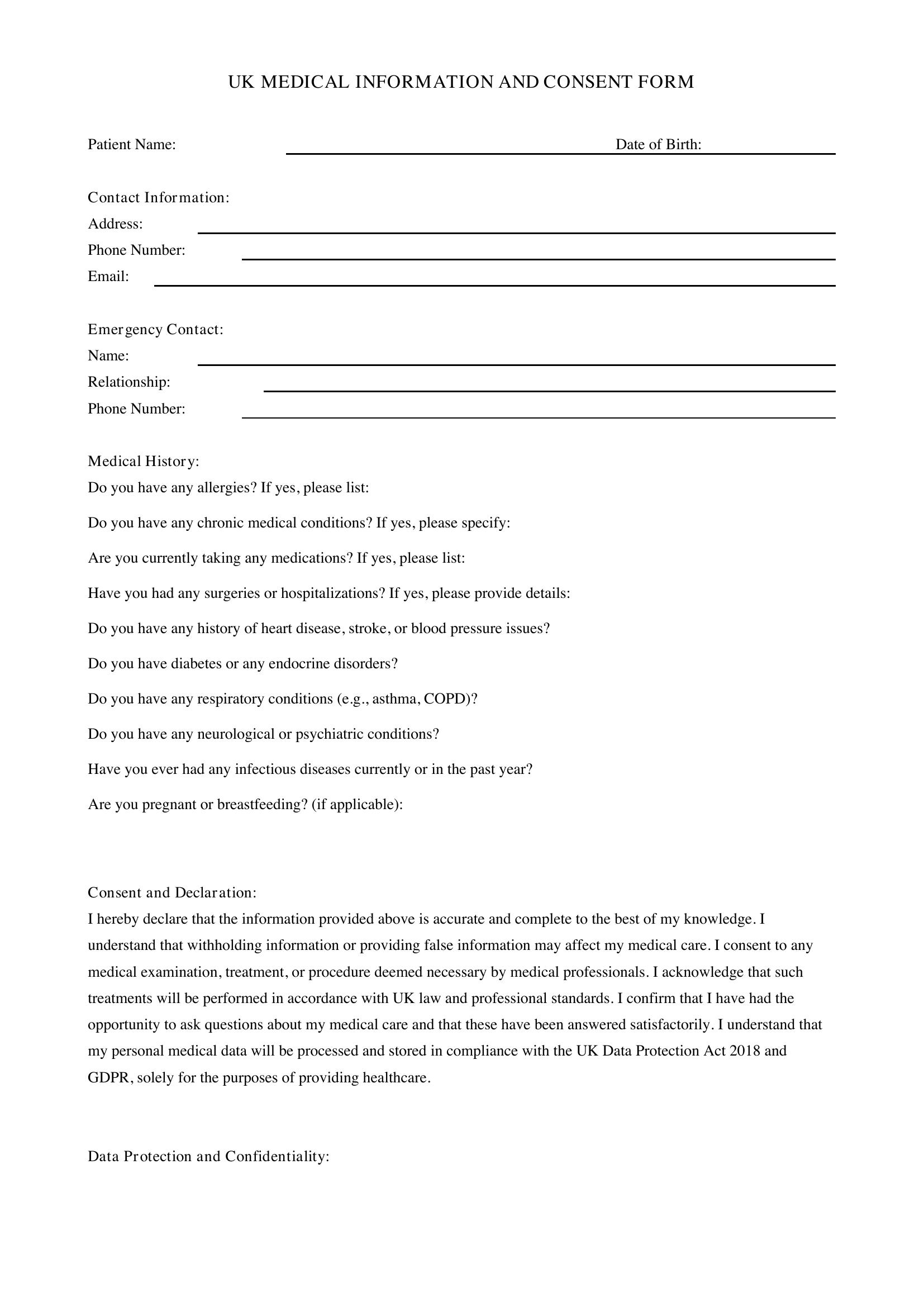 Medical Form Template - UK