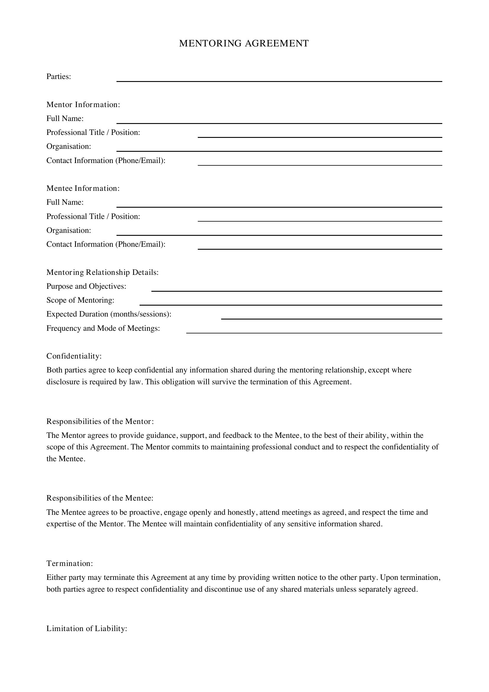 Mentoring Agreement Template - UK