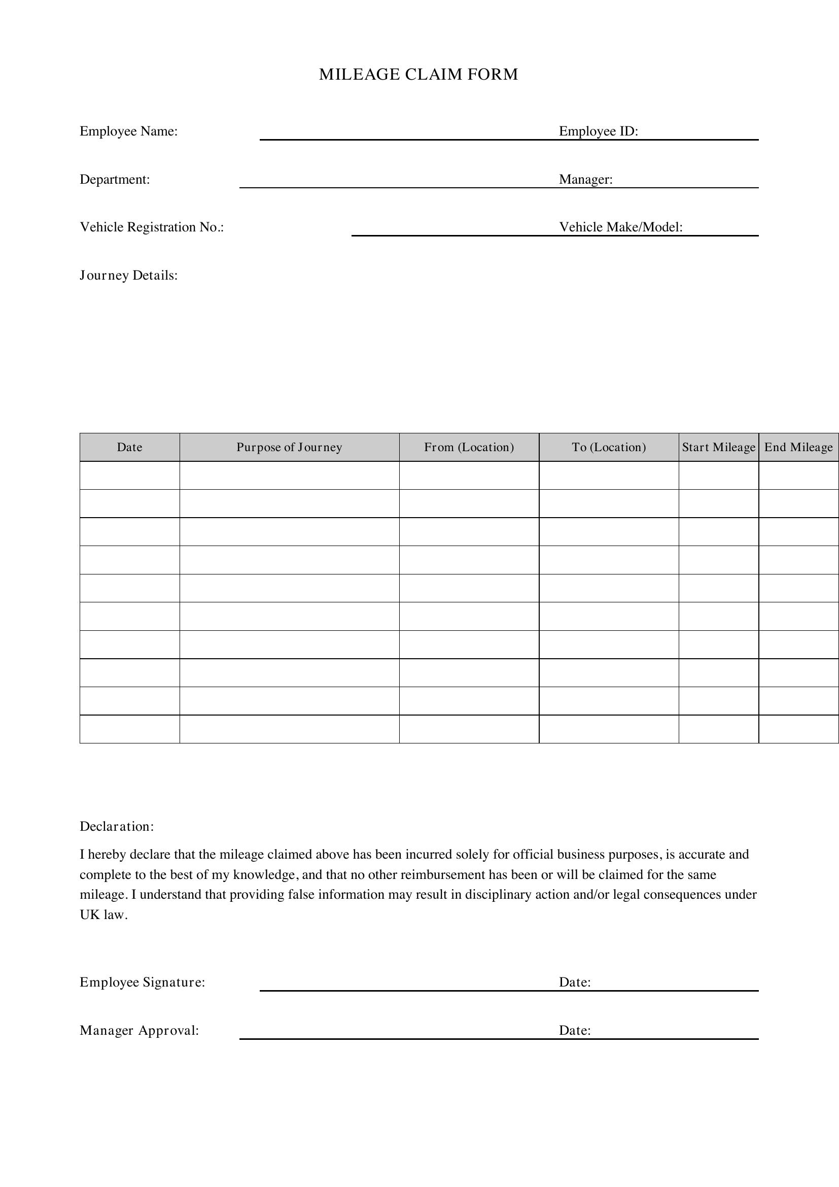 Mileage Form Template - UK