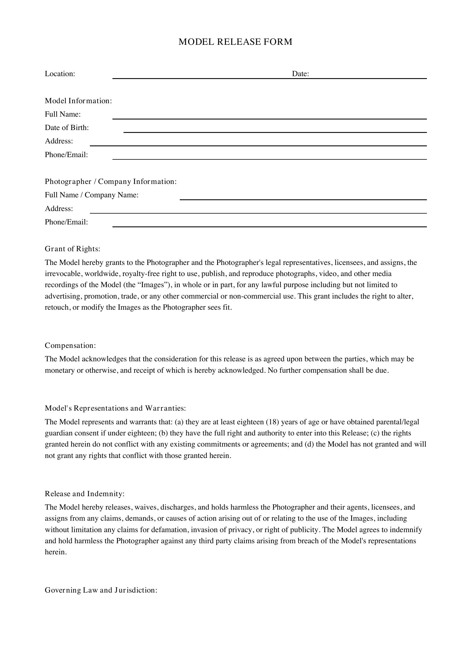 Model Release Form Template - UK