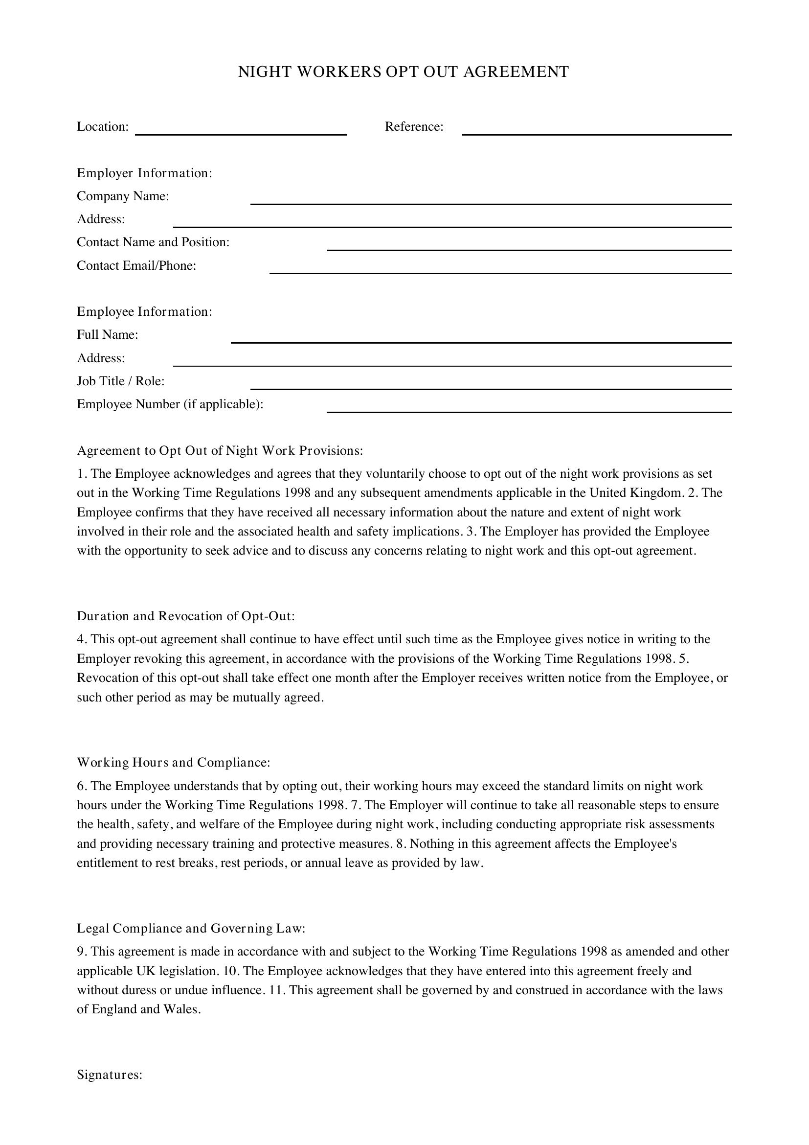 Night Workers Opt Out Agreement Template - UK