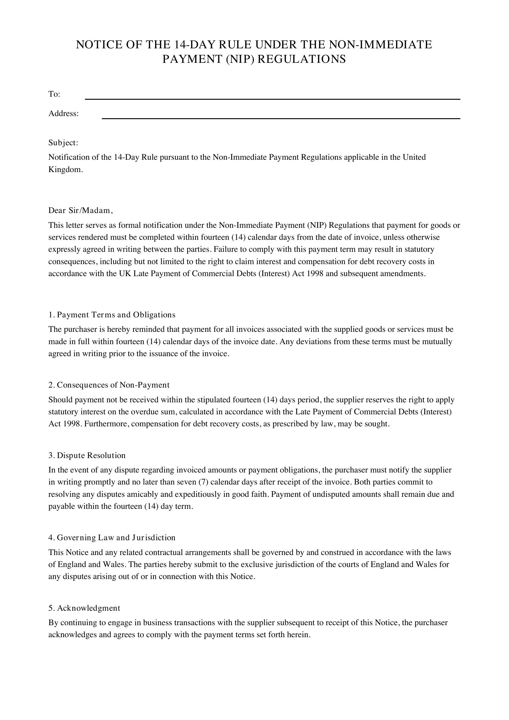 Nip 14 Day Rule Letter Template - UK