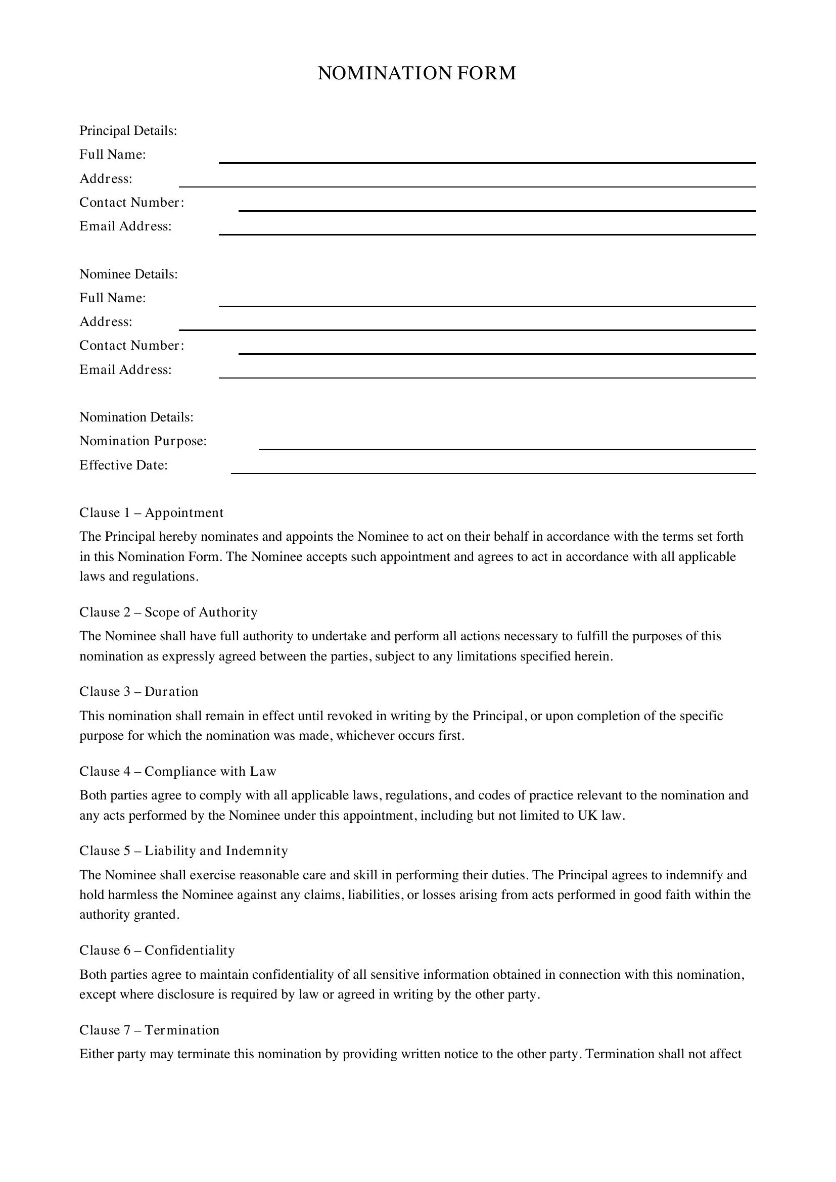 Nomination Form Template - UK