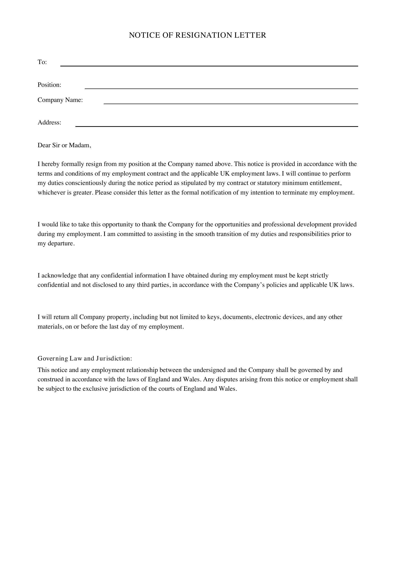 Notice Of Resignation Letter Template - UK