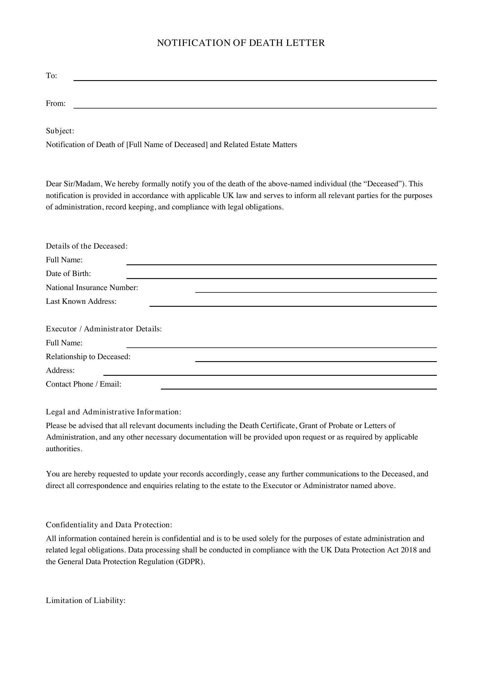 Notification Of Death Letter Template - UK