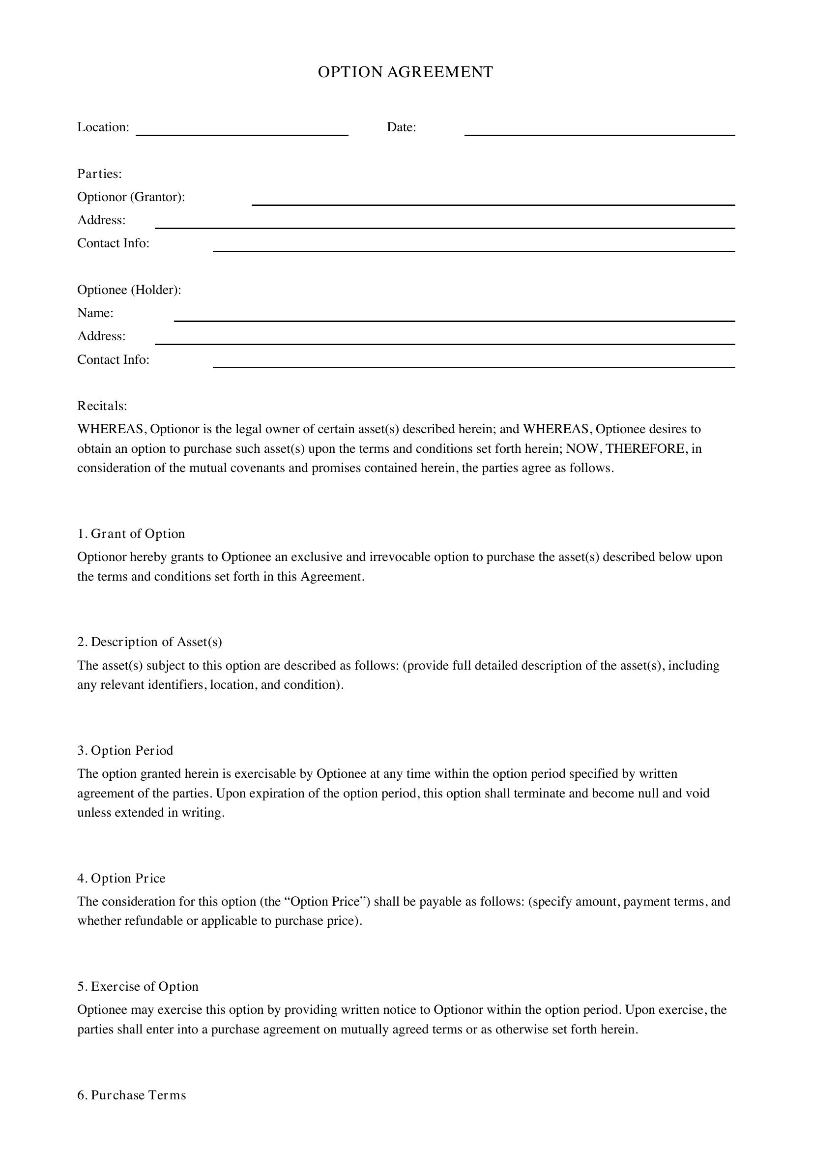 Option Agreement Template - UK