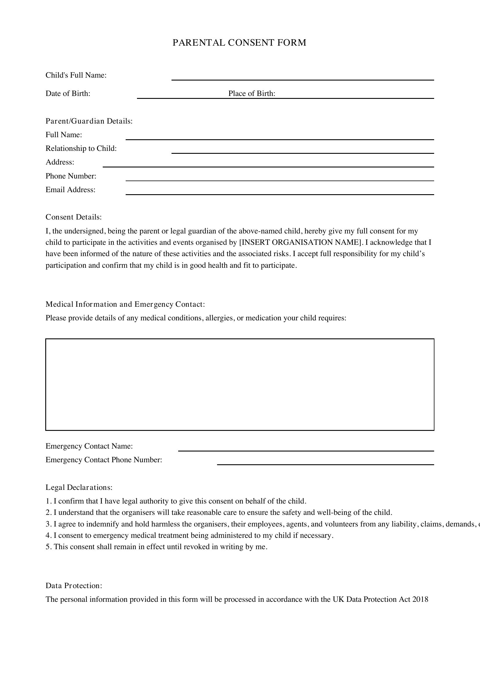 Parental Consent Form Template - UK