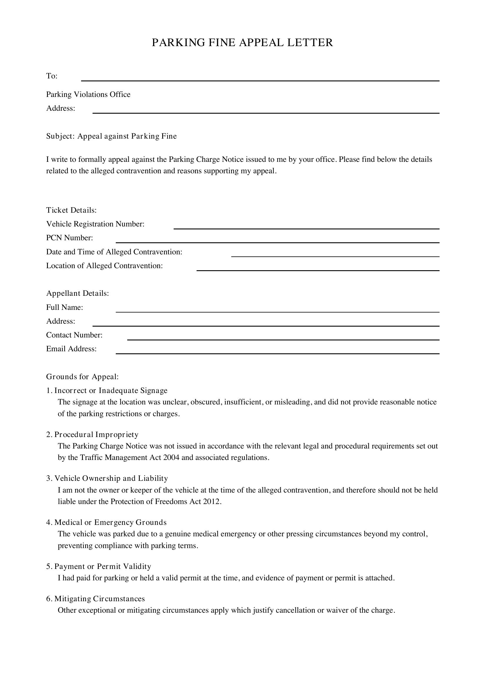 Parking Fine Parking Ticket Appeal Letter Template - UK