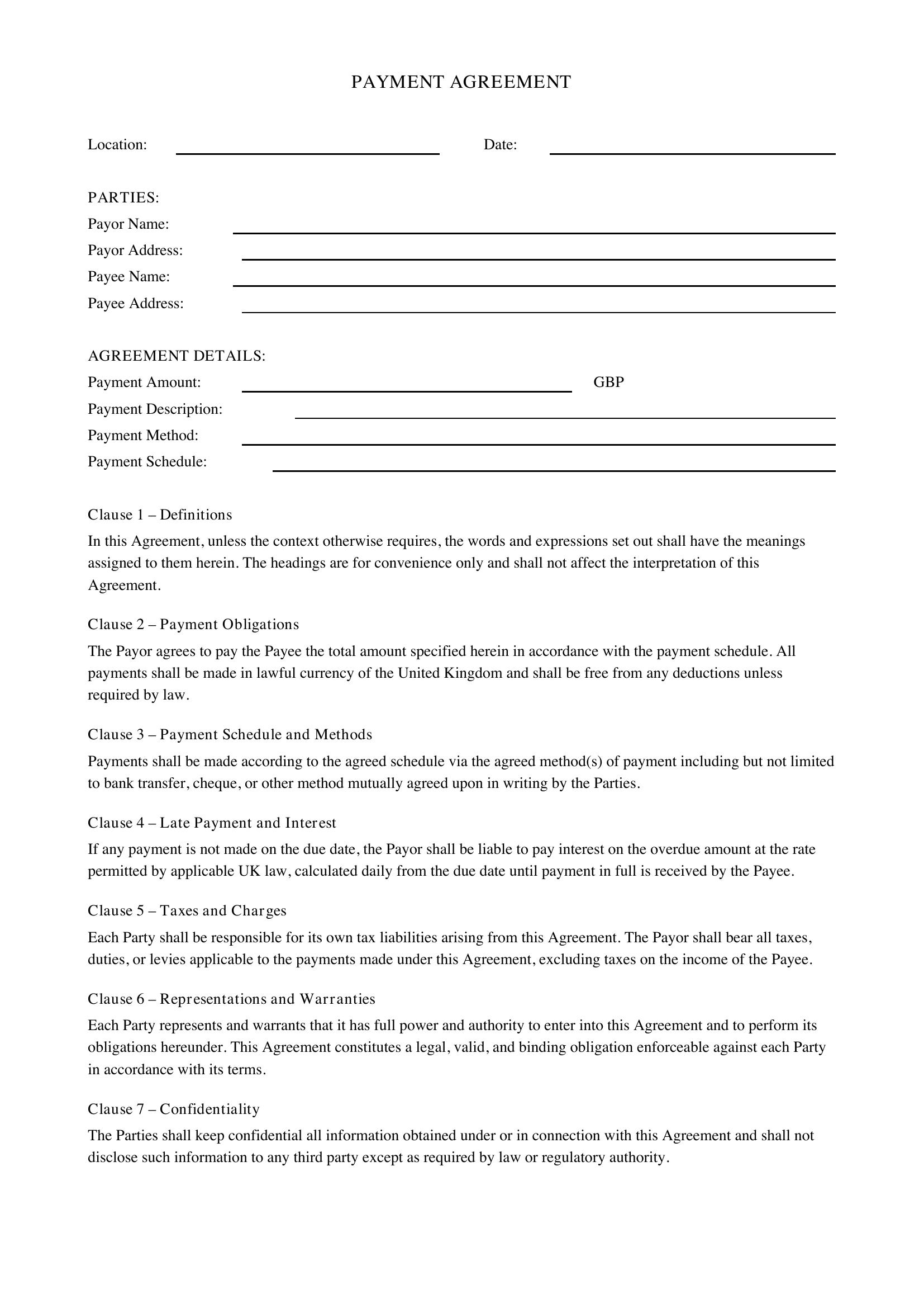 Payment Agreement Template - UK