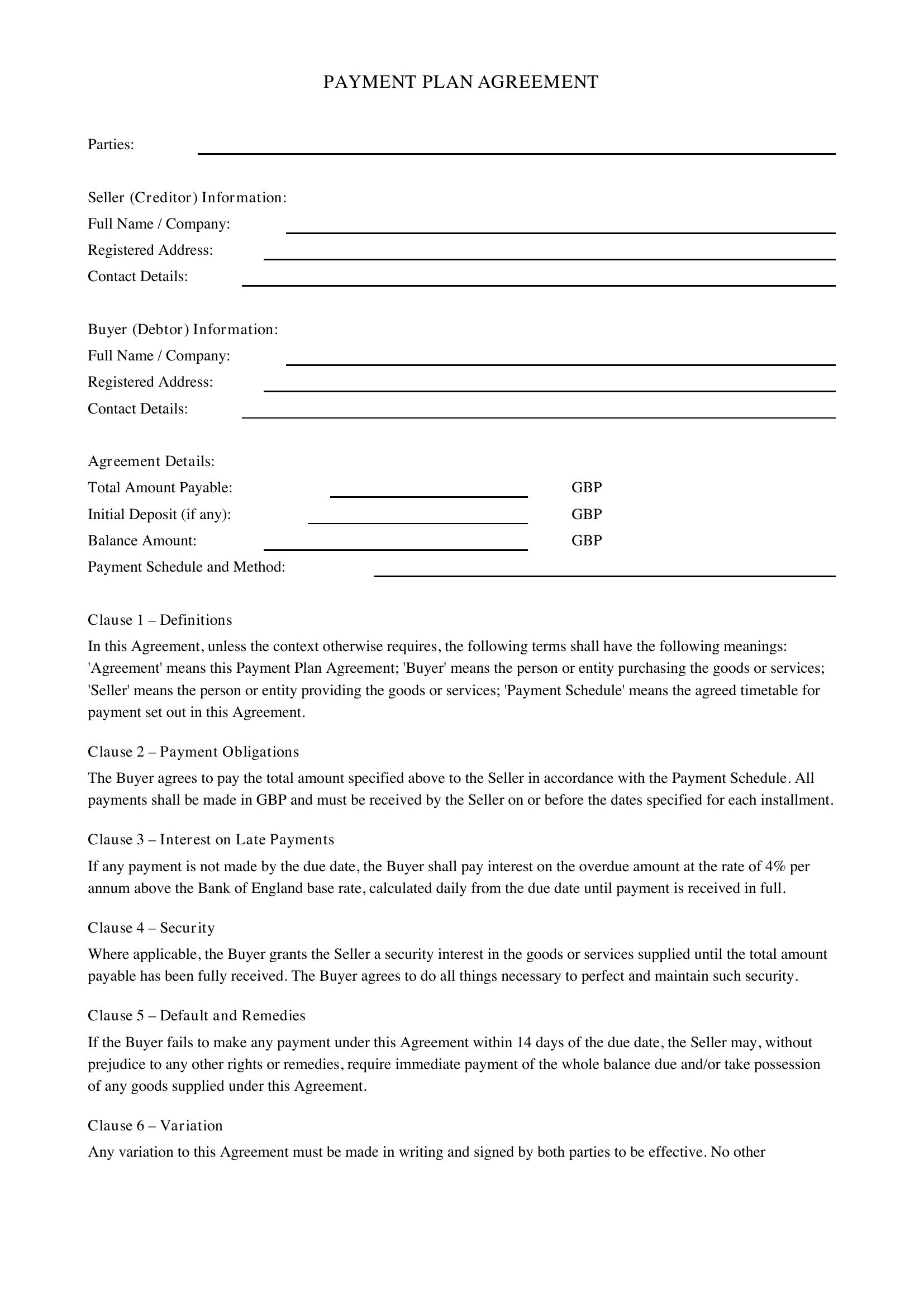 Payment Plan Agreement Template - UK