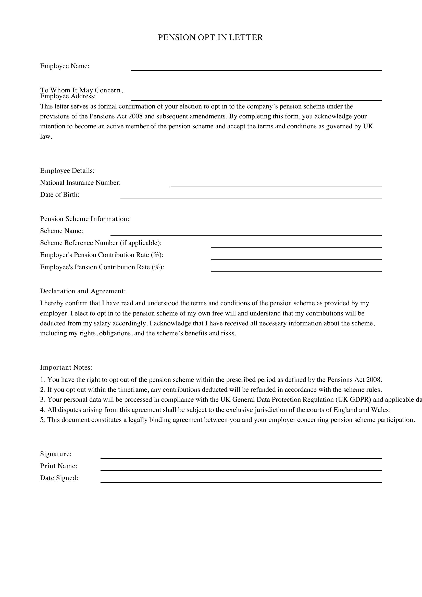 Pension Opt In Letter Template - UK