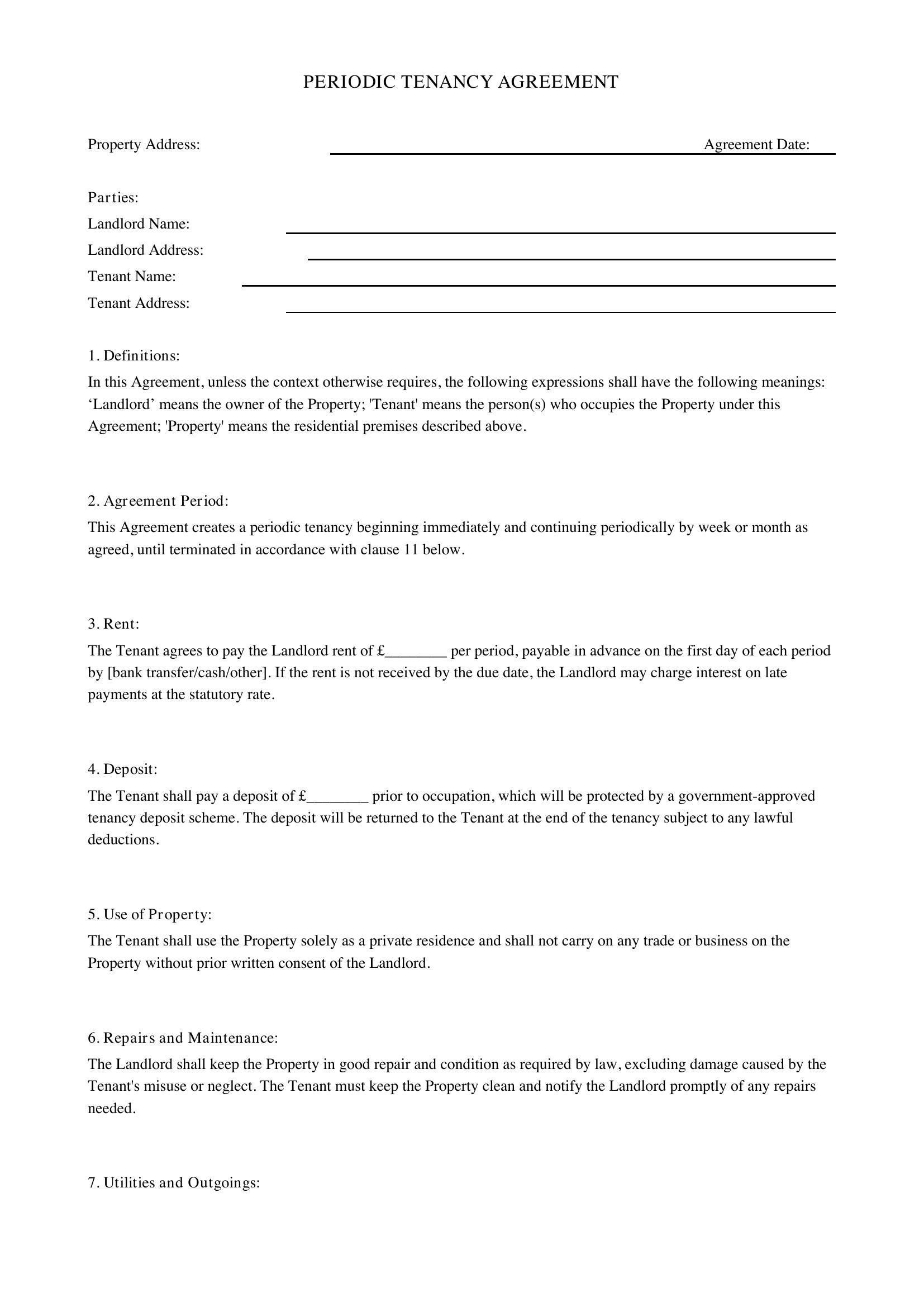 Periodic Tenancy Agreement Template - UK
