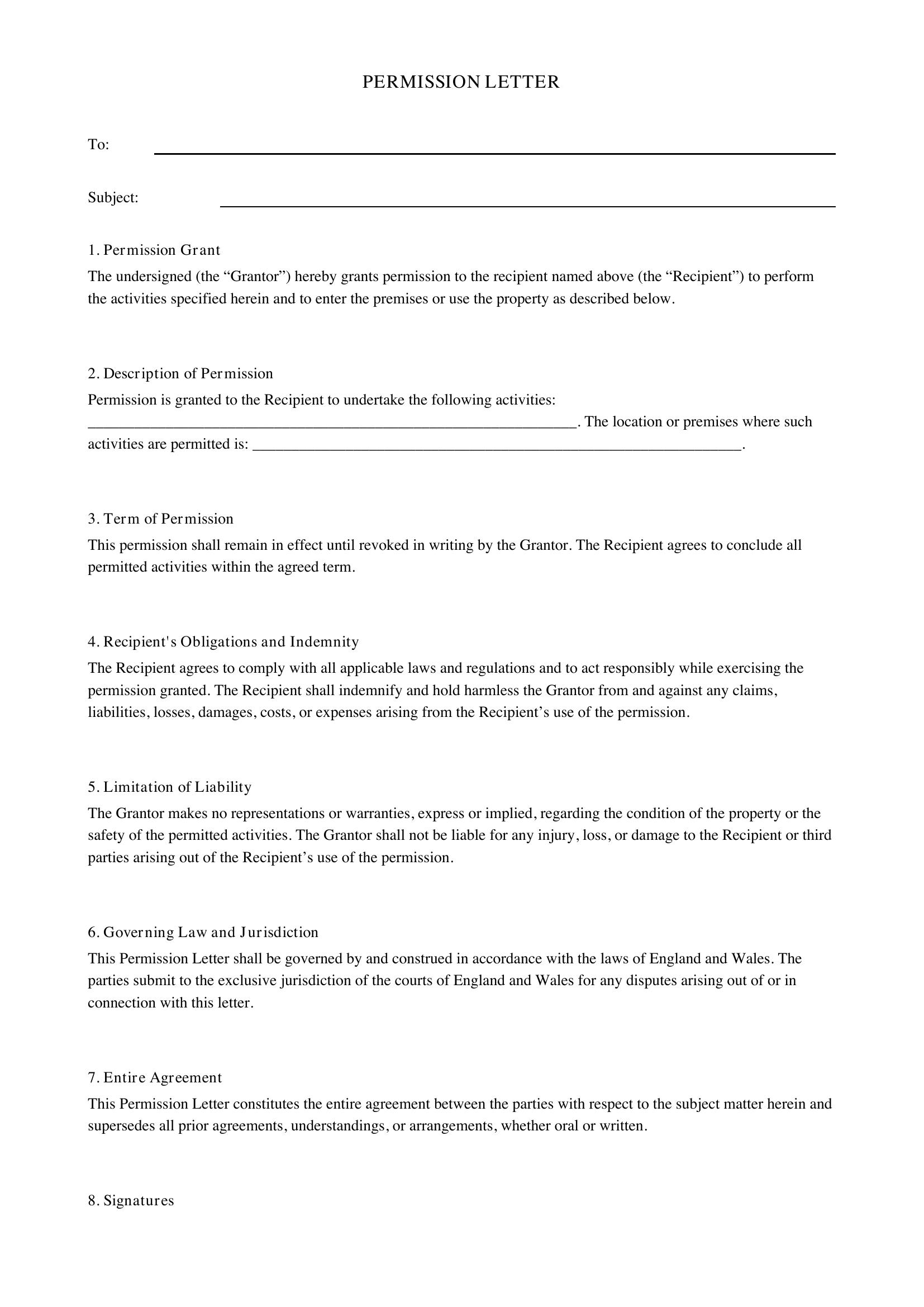 Permission Letter Template - UK