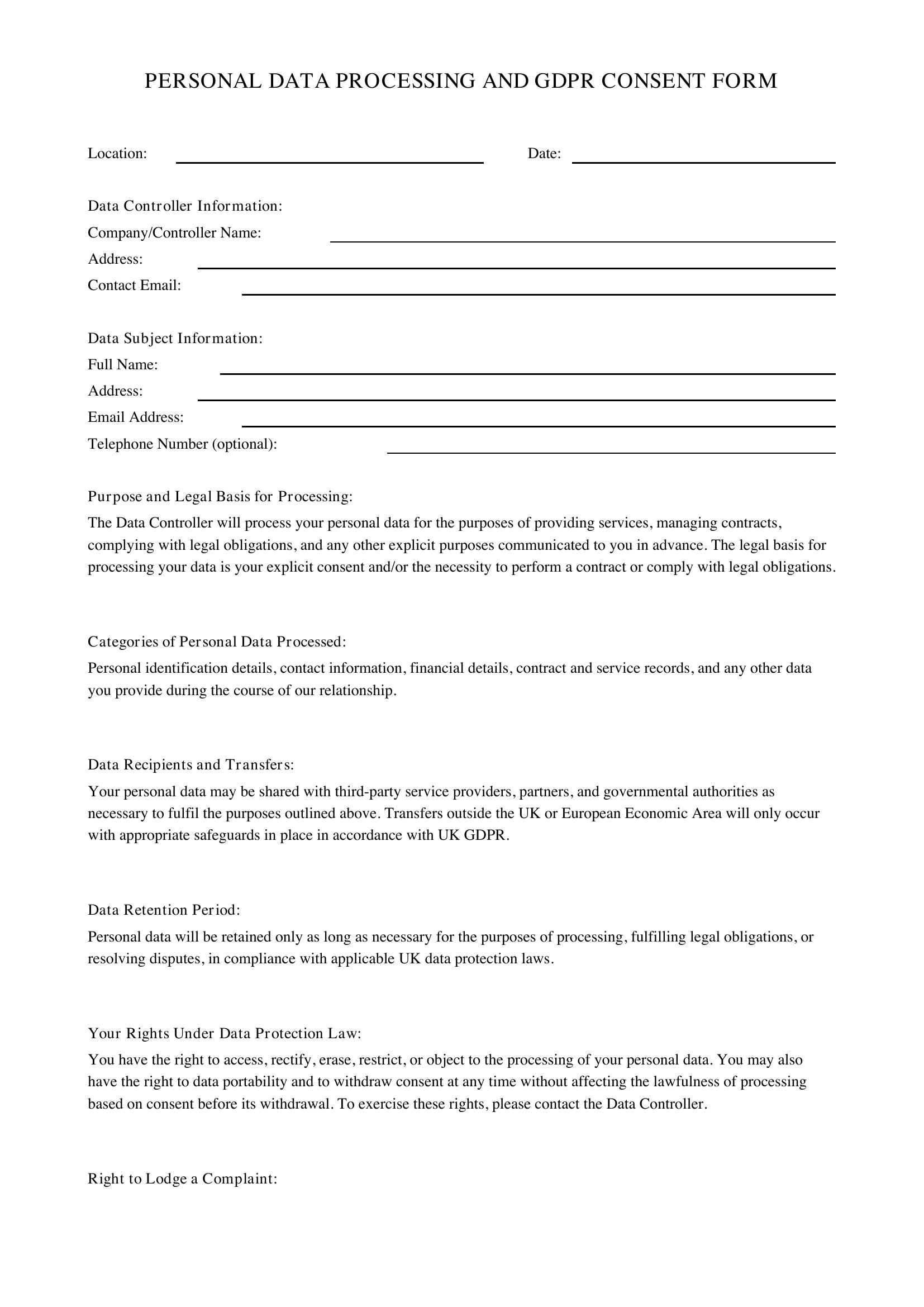 Personal Data Gdpr Consent Form Template - UK