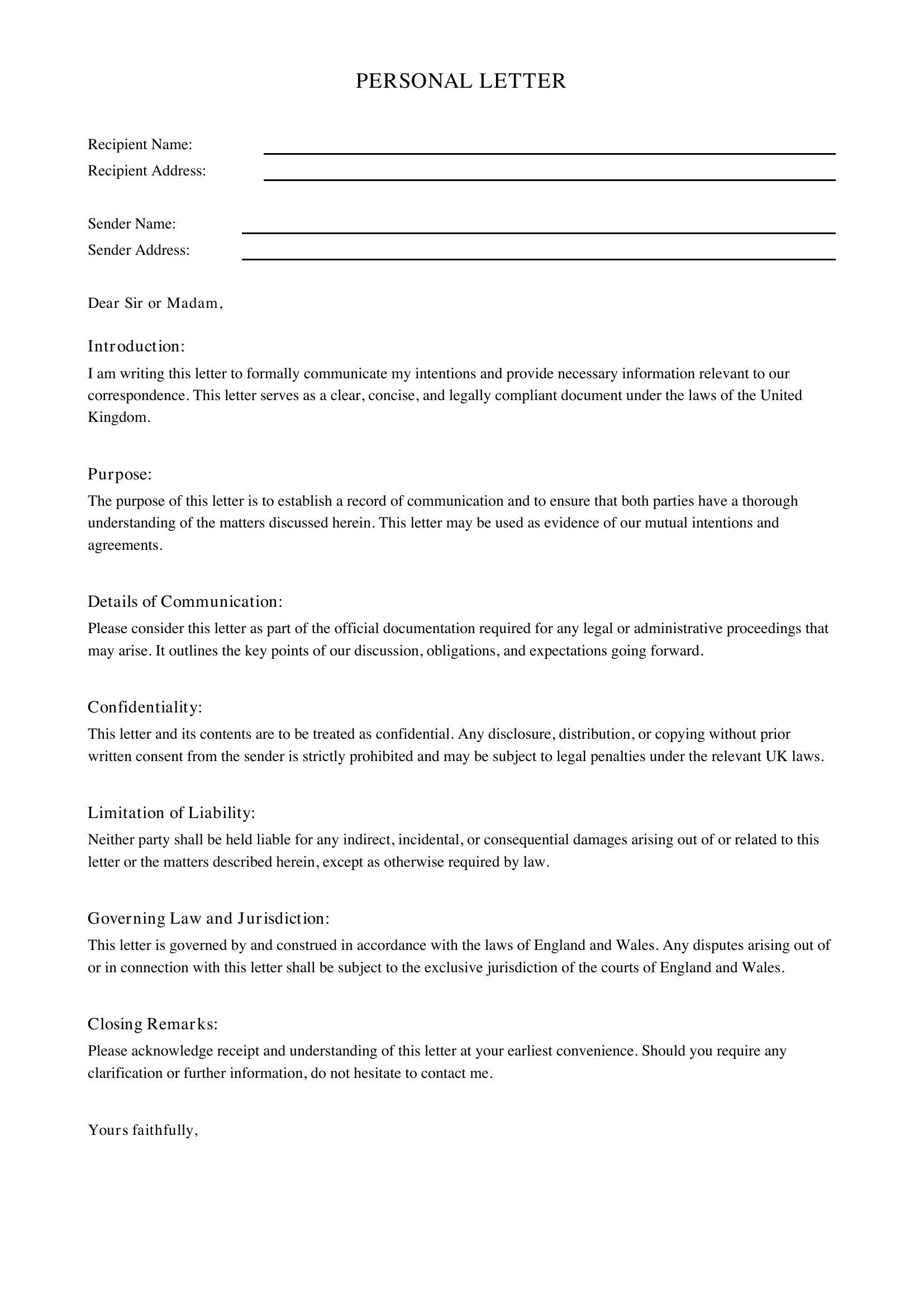 Personal Letter Template - UK