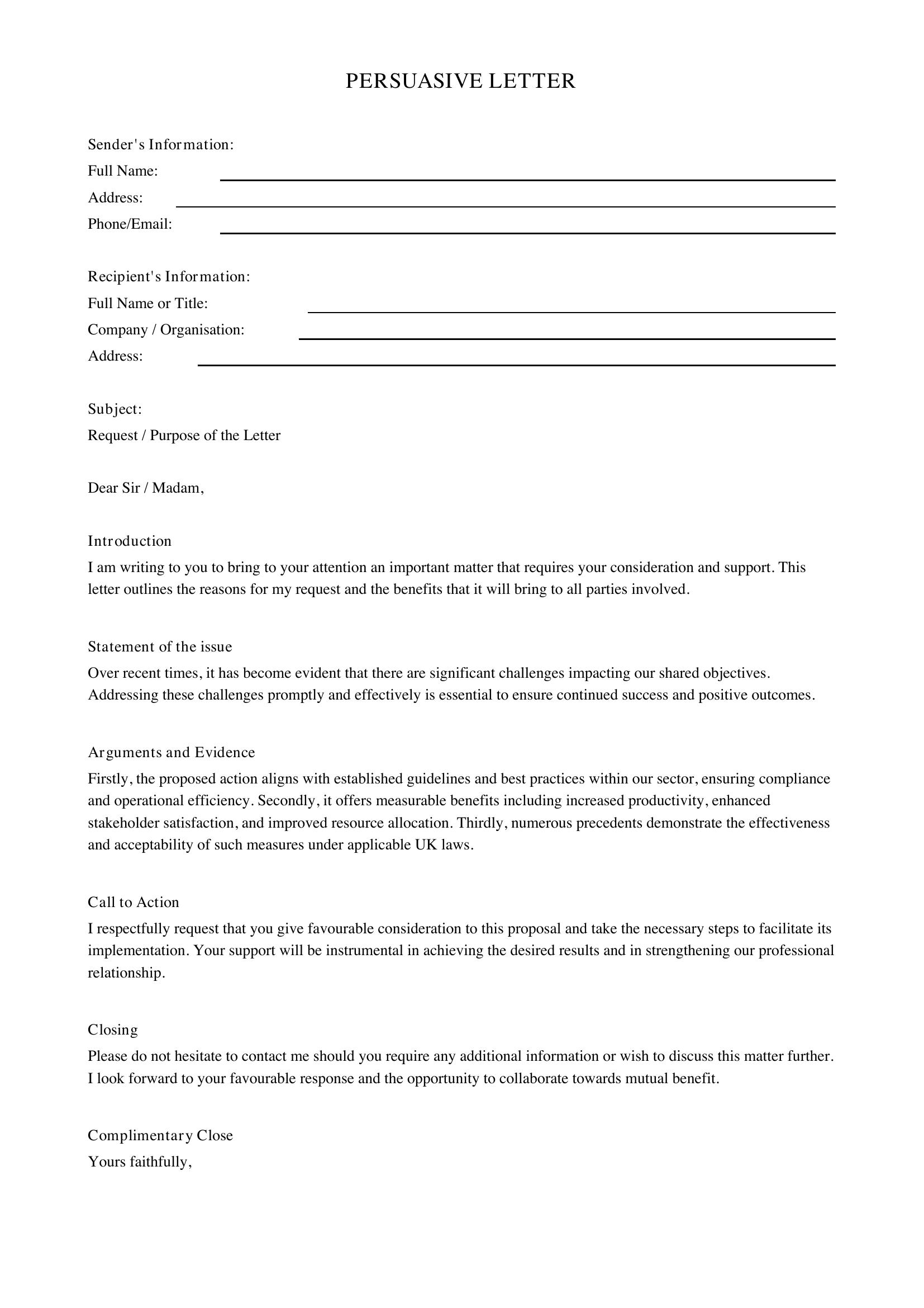 Persuasive Letter Template - UK