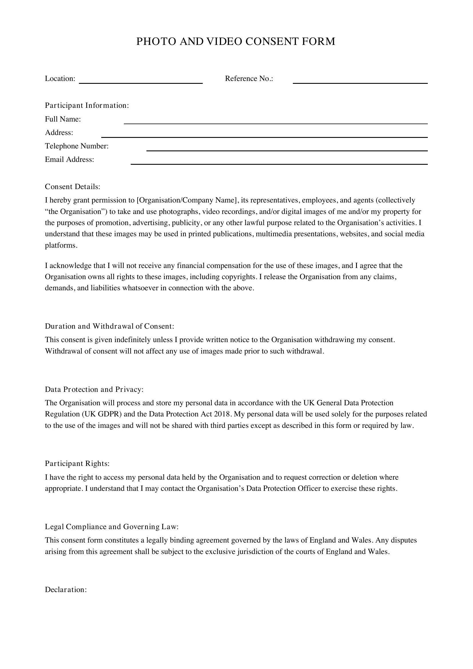 Photo And Video Consent Form Template - UK