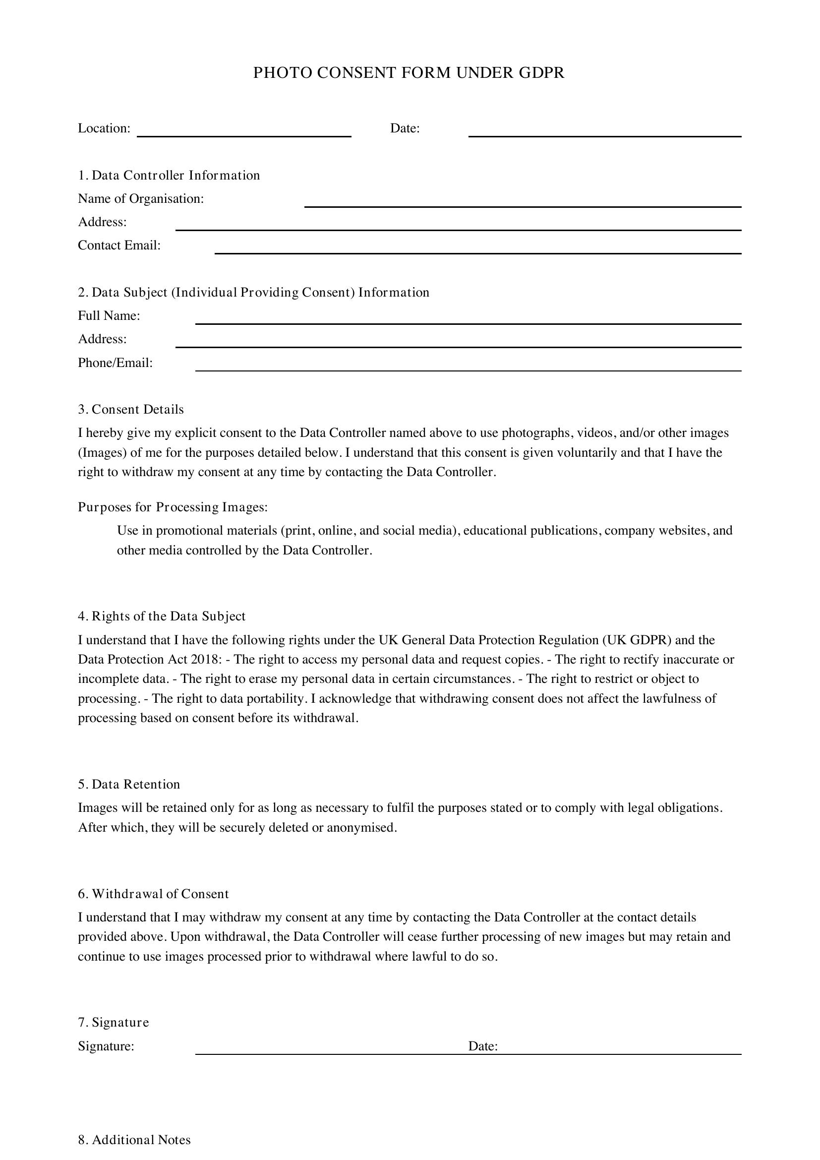 Photo Consent Form Gdpr Template - UK