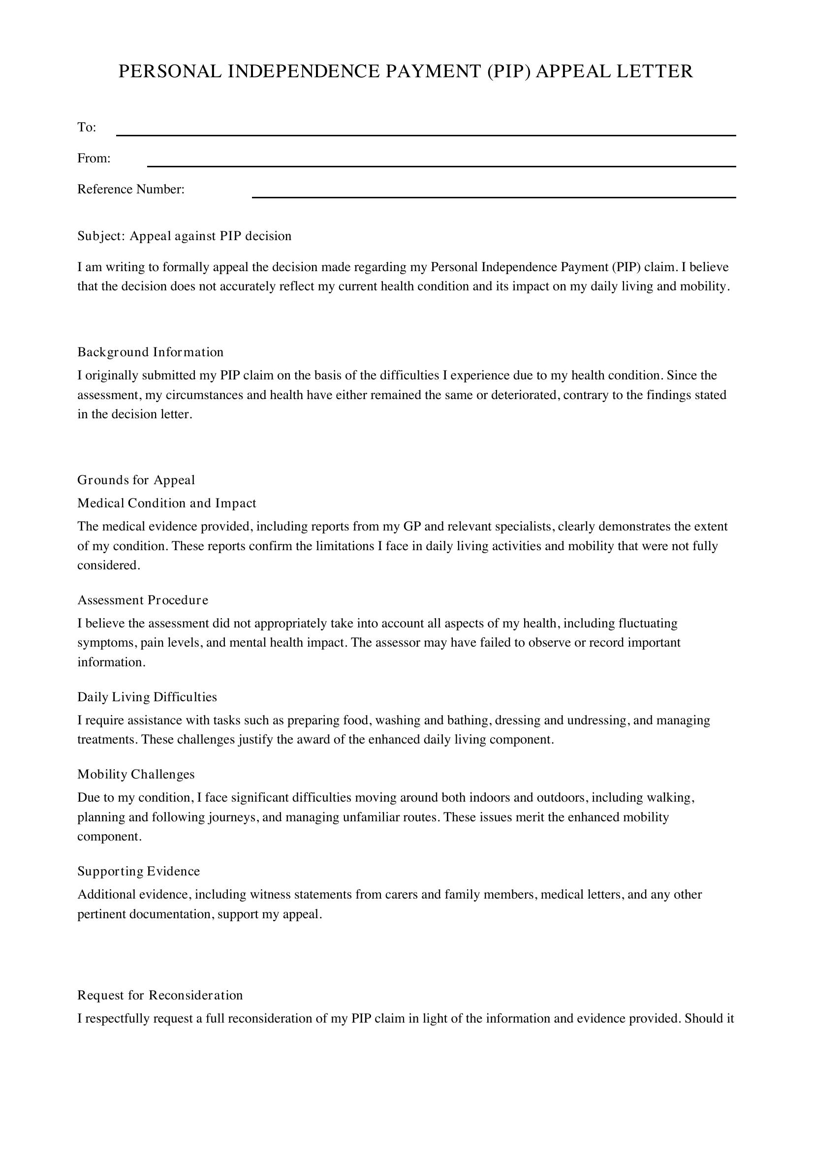 Pip Appeal Letter Template - UK