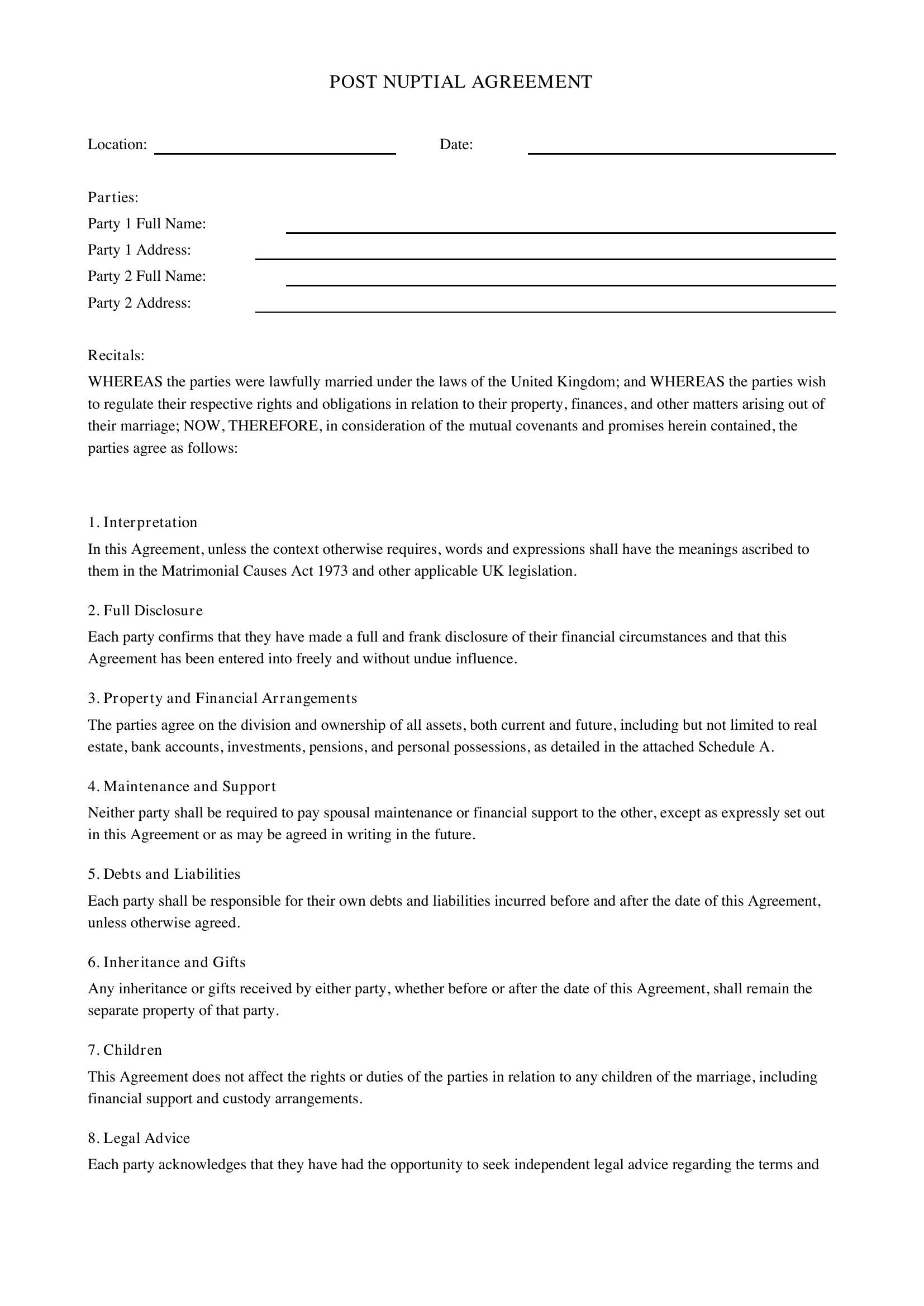 Post Nuptial Agreement Template - UK