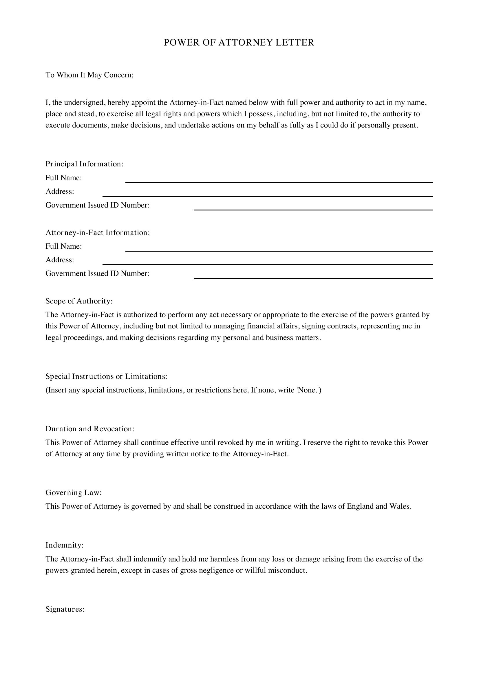 Power Of Attorney Letter Template - UK