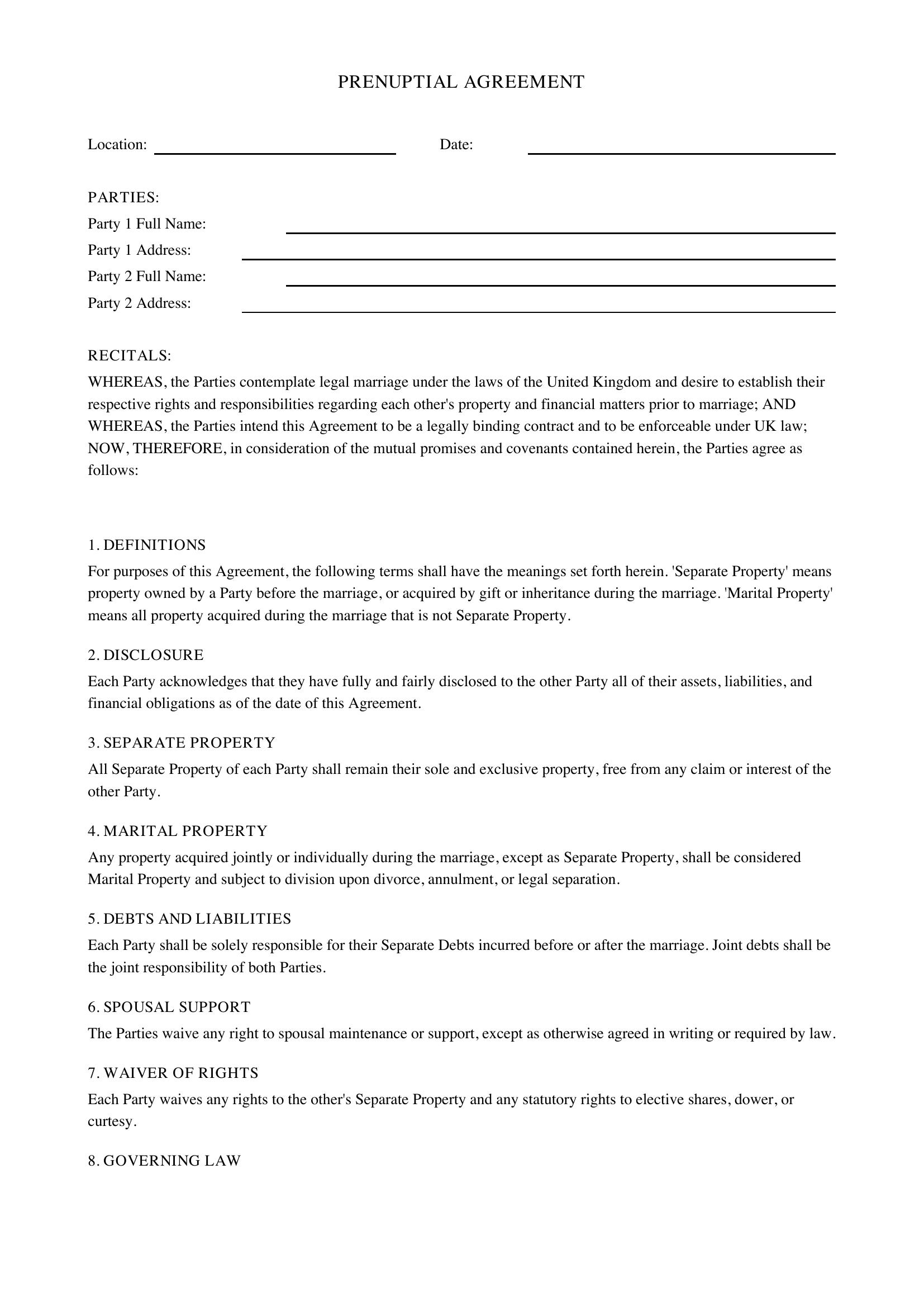 Prenuptial Agreement Template - UK