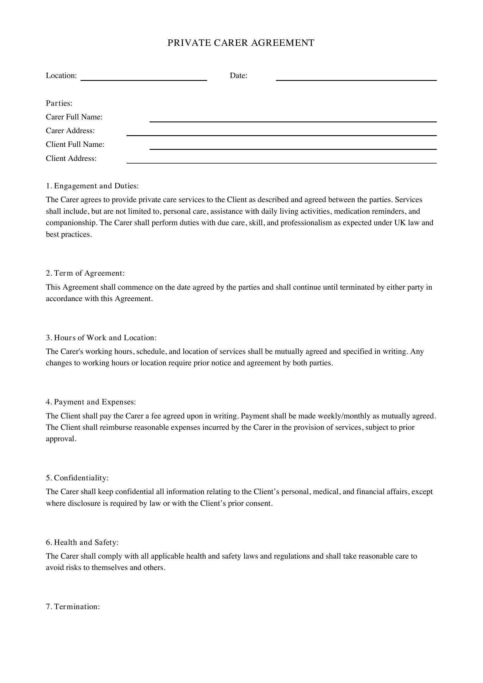 Private Carer Contract Template - UK