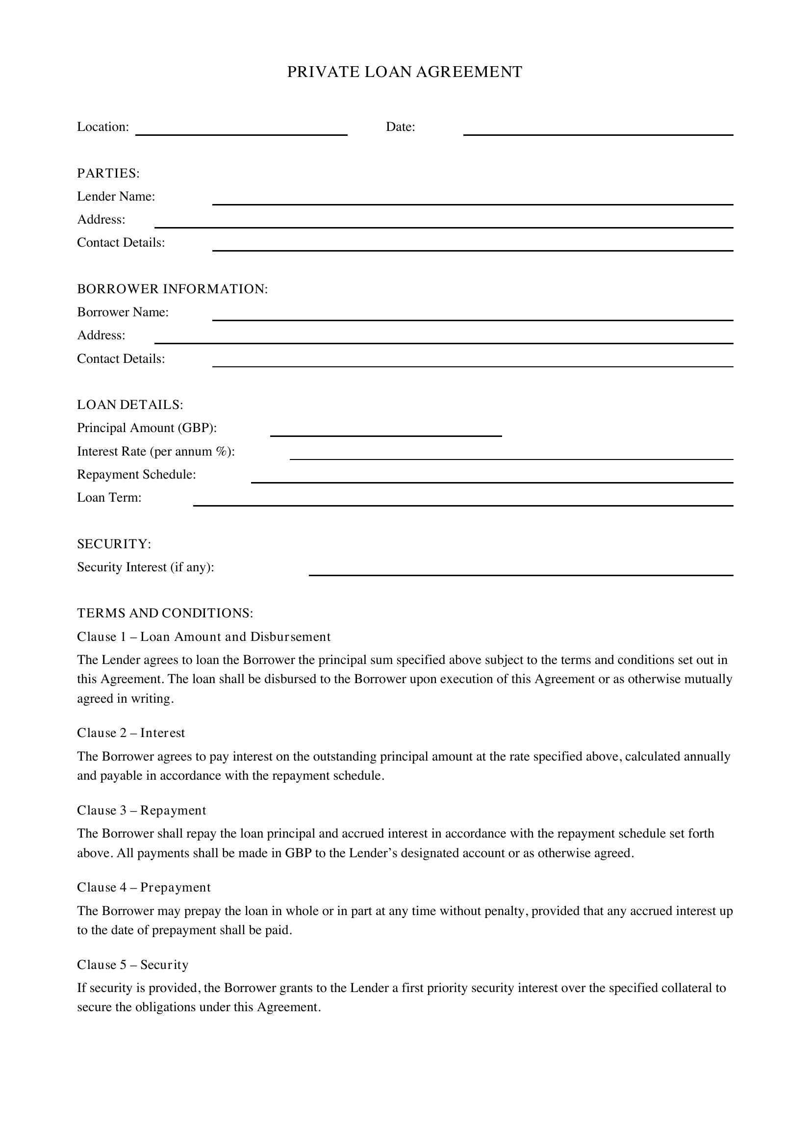 Private Loan Agreement Template - UK