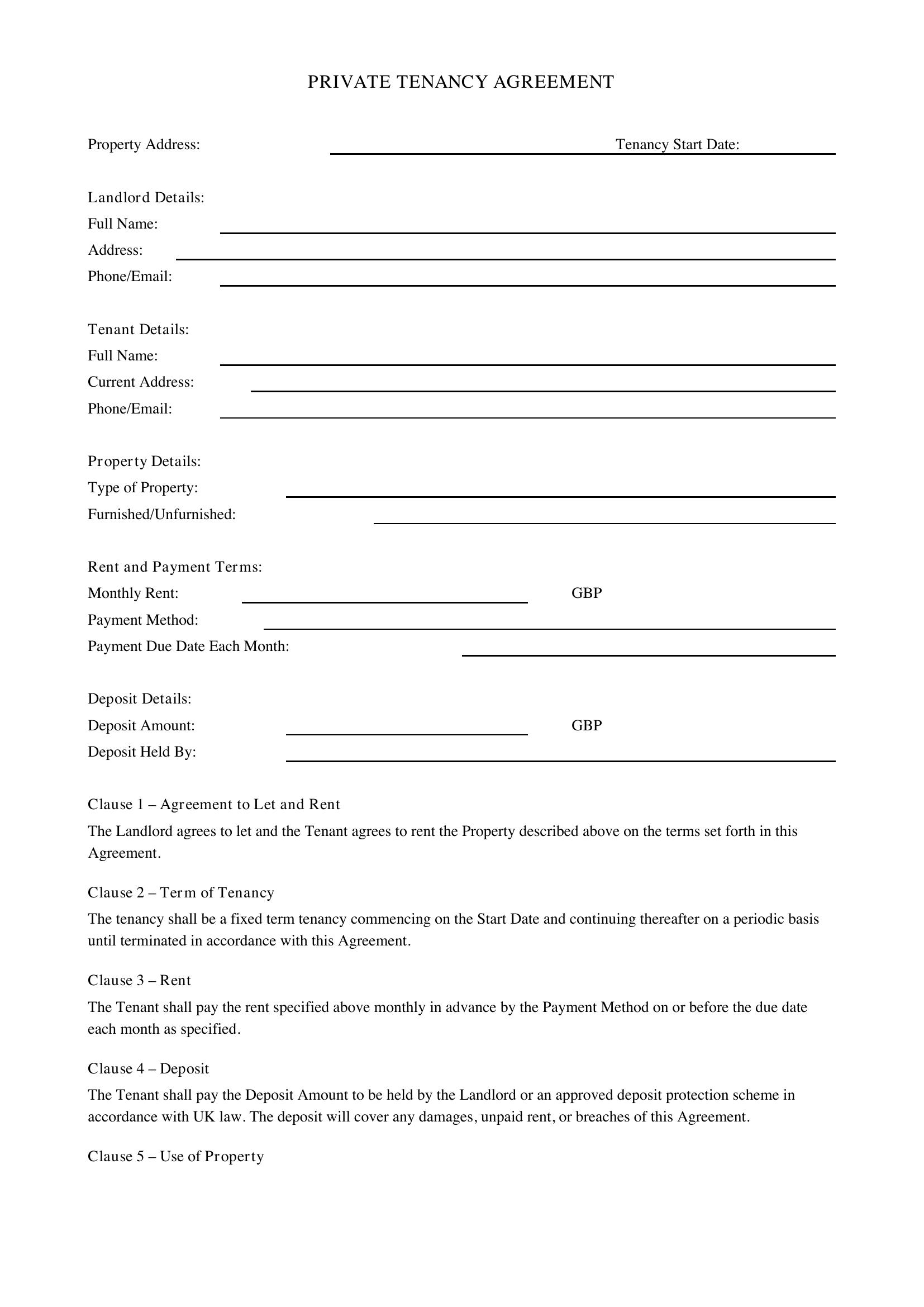 Private Tenancy Agreement Template - UK