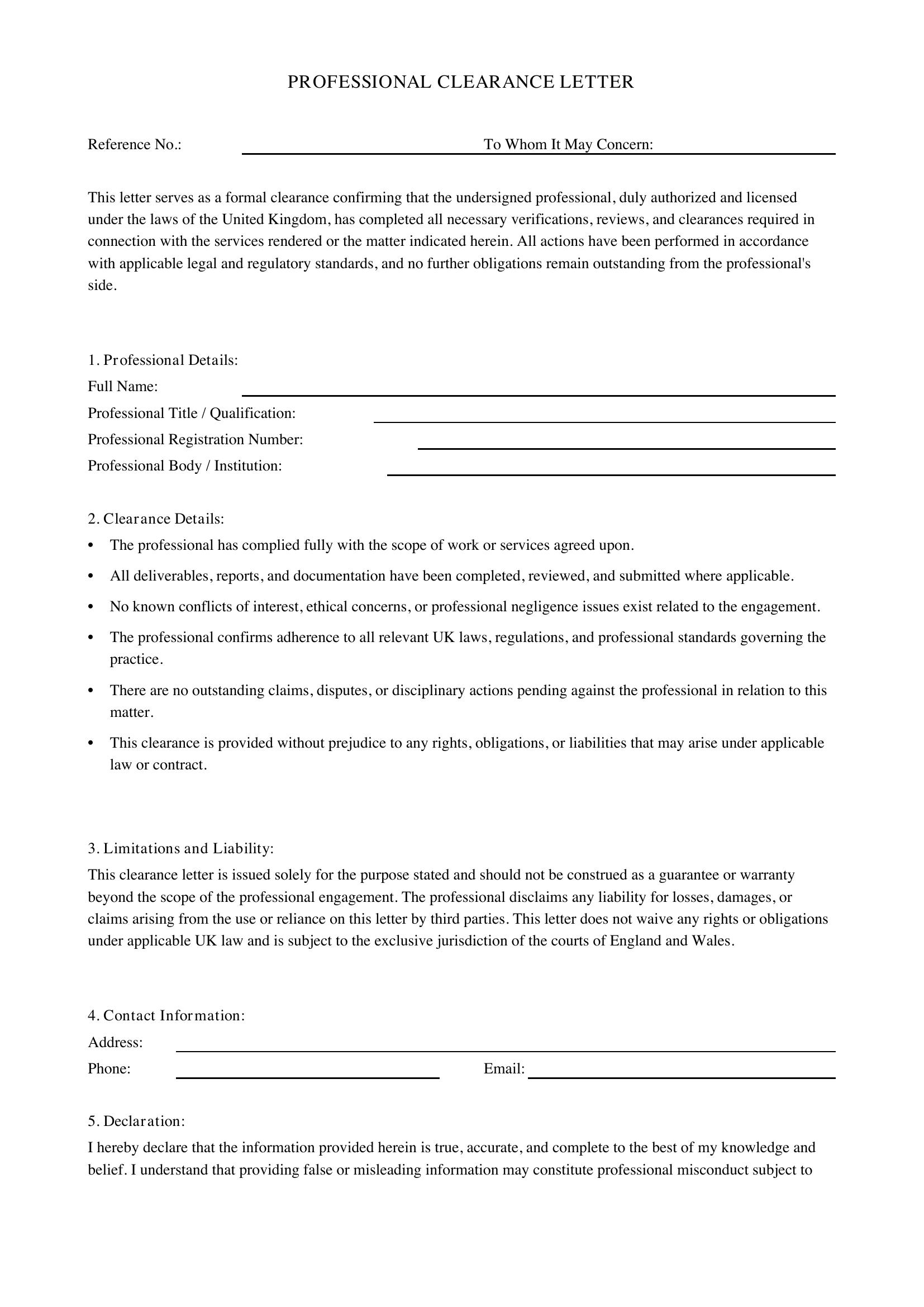 Professional Clearance Letter Template - UK