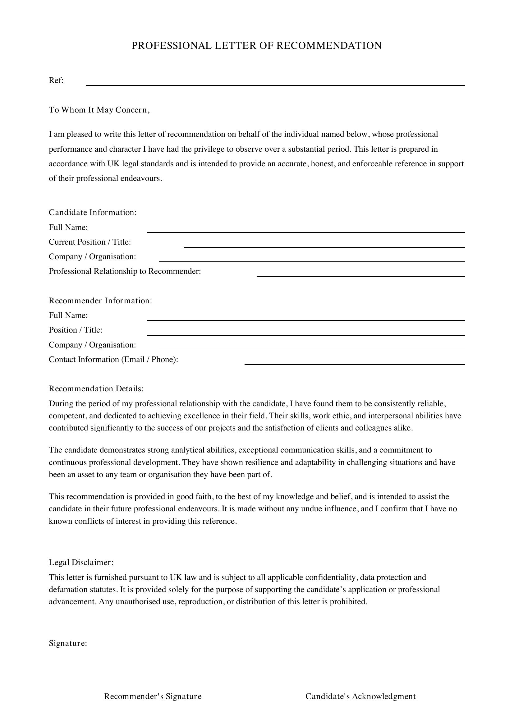 Professional Letter Of Recommendation Template - UK