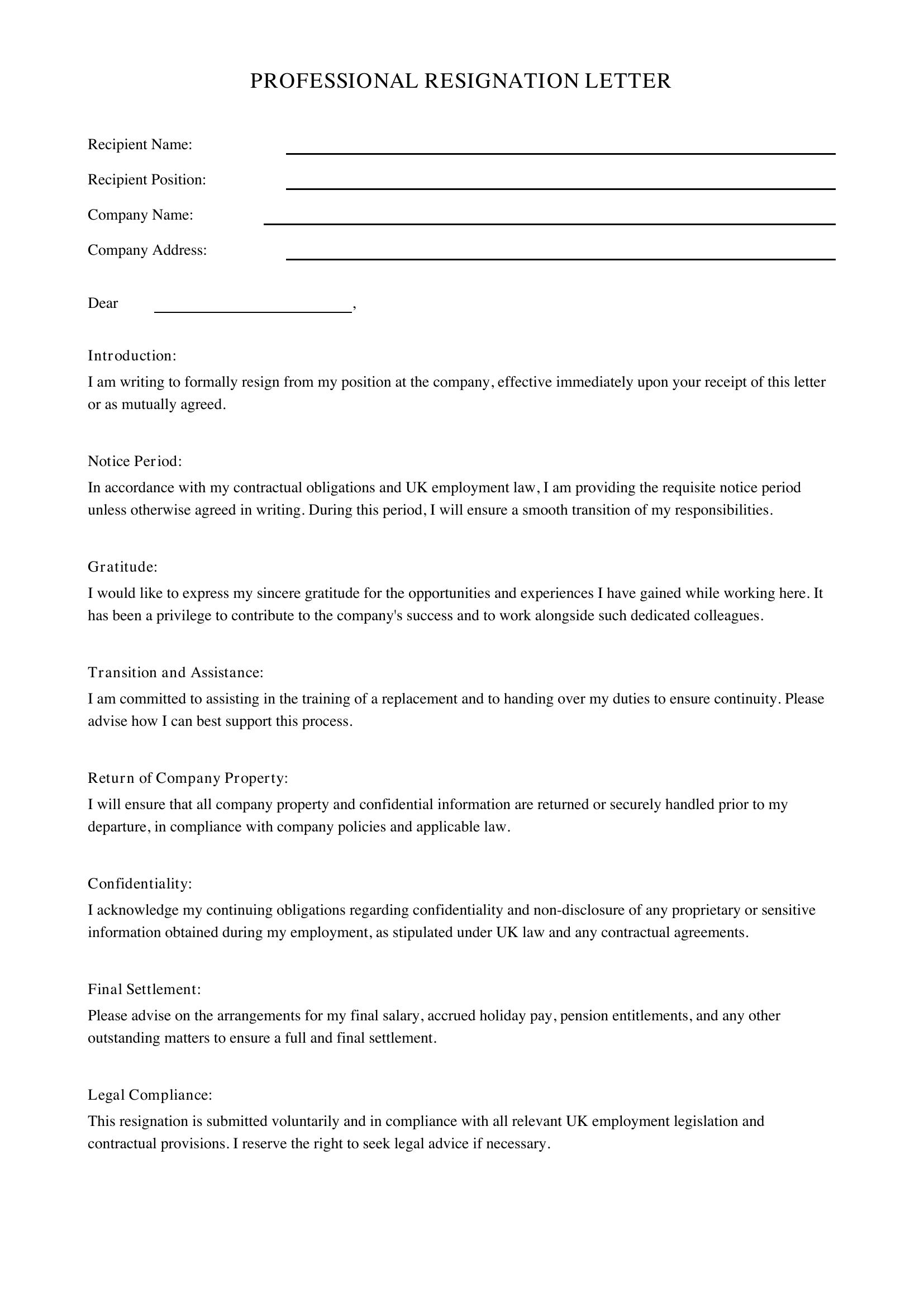 Professional Resignation Letter Template - UK