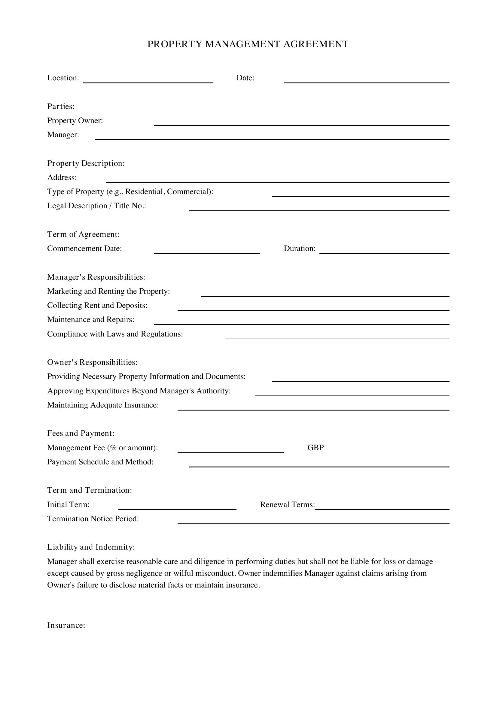 Property Management Agreement Template - UK