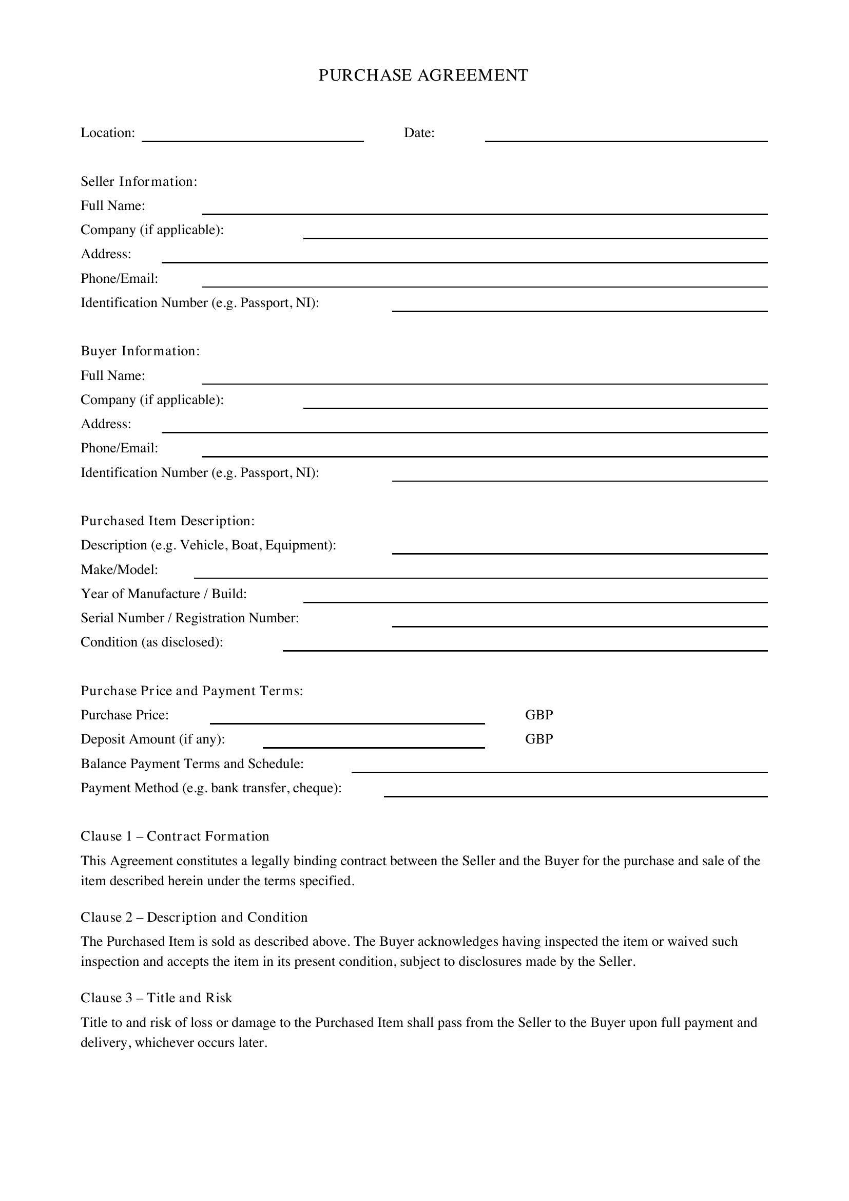 Purchase Agreement Template - UK