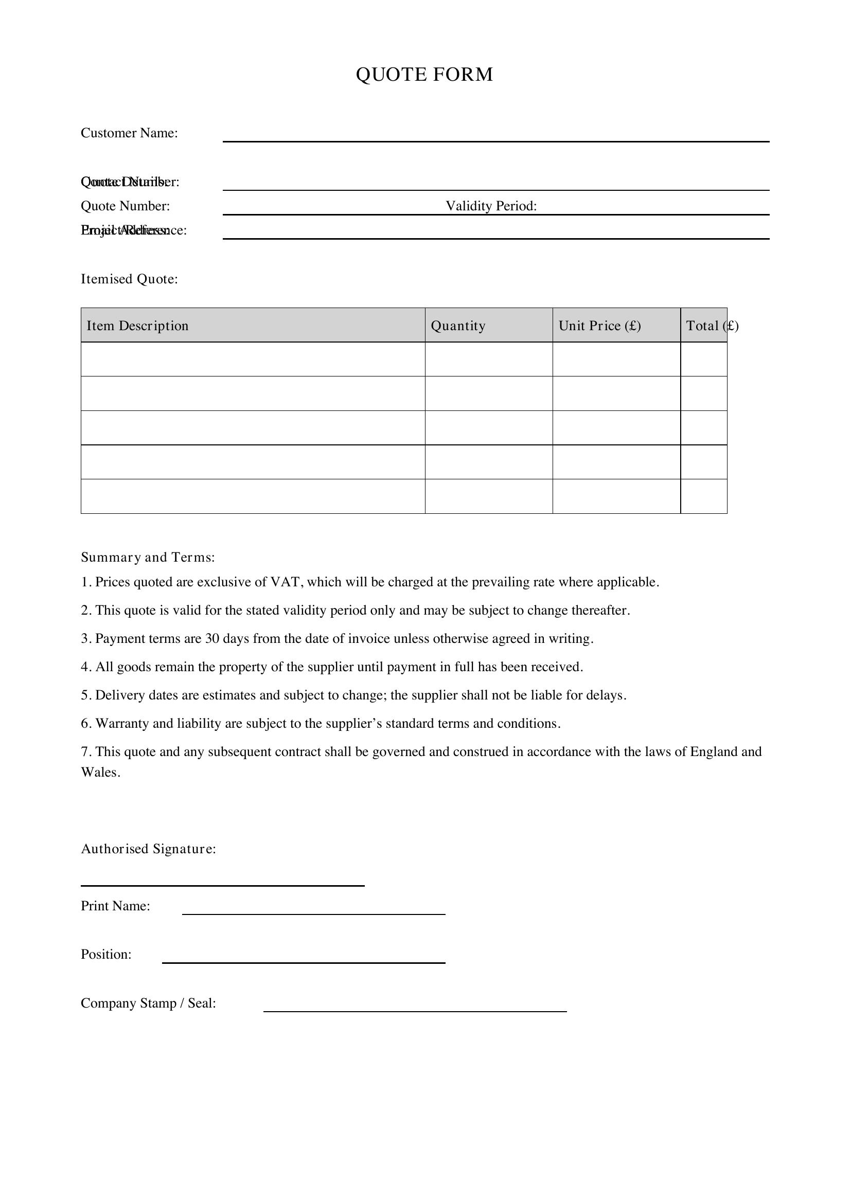 Quote Form Template - UK