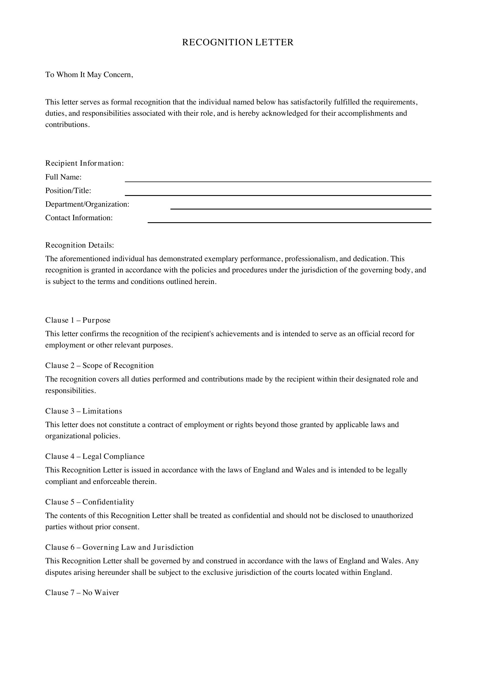 Recognition Letter Template - UK