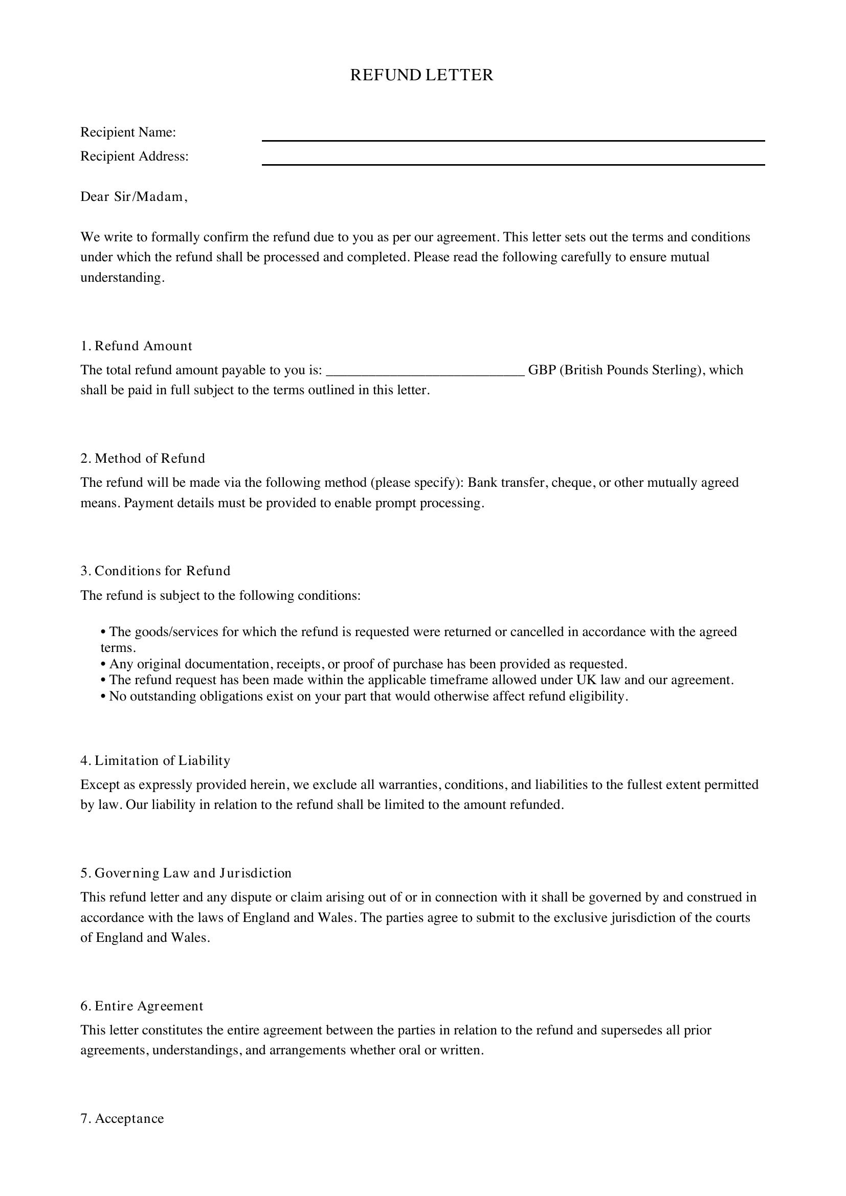 Refund Letter Template - UK