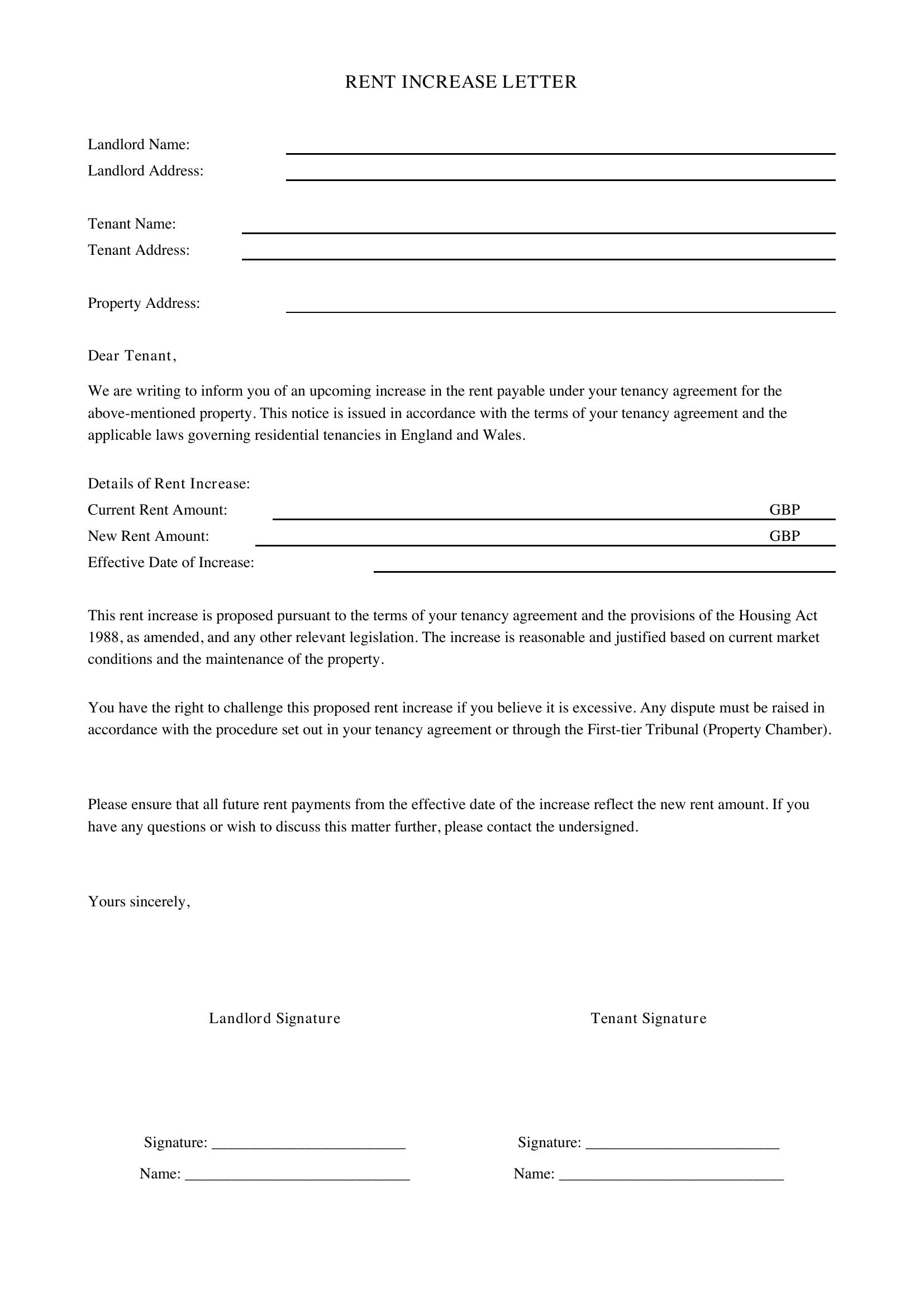 Rent Increase Letter Template - UK