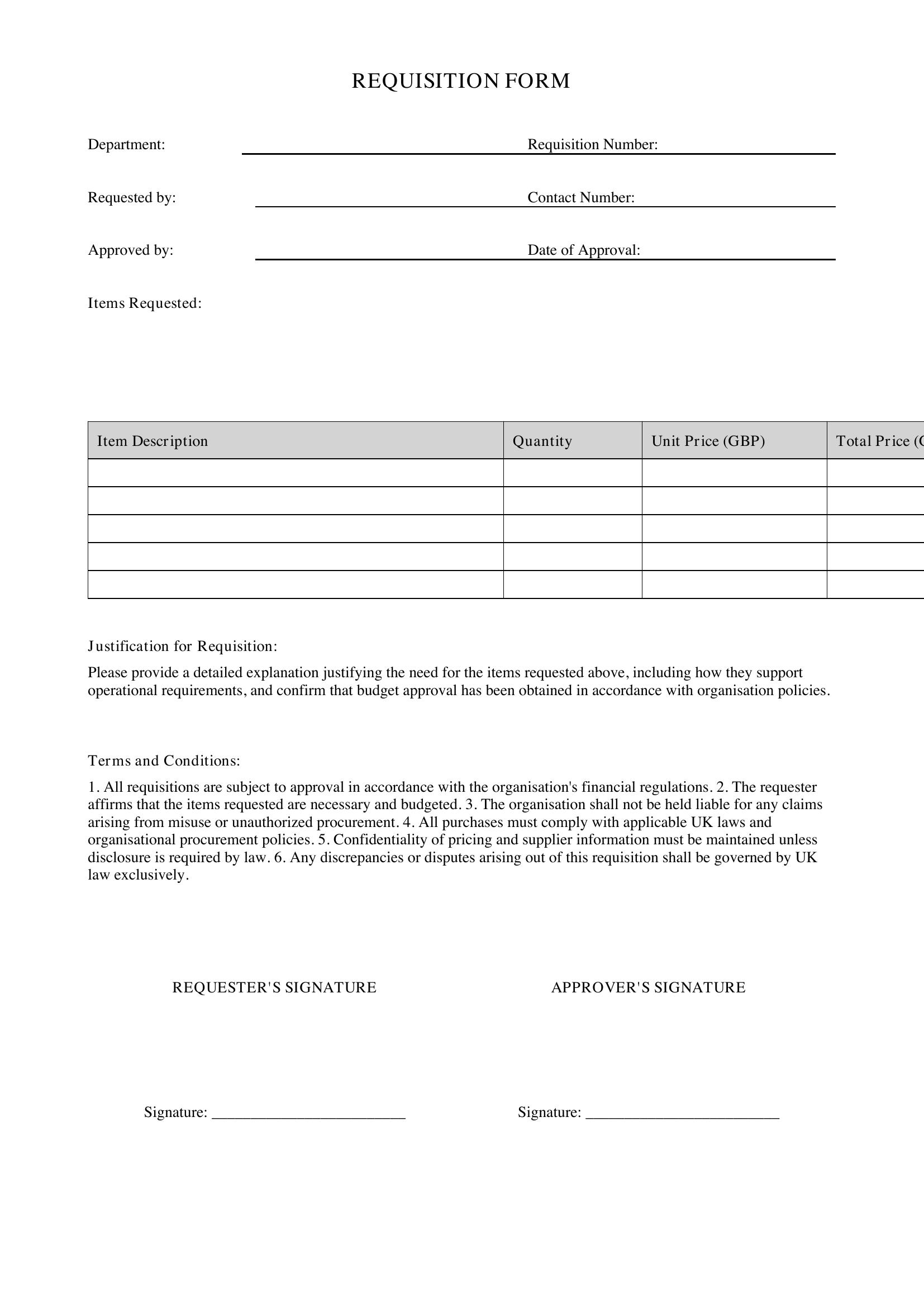 Requisition Form Template - UK
