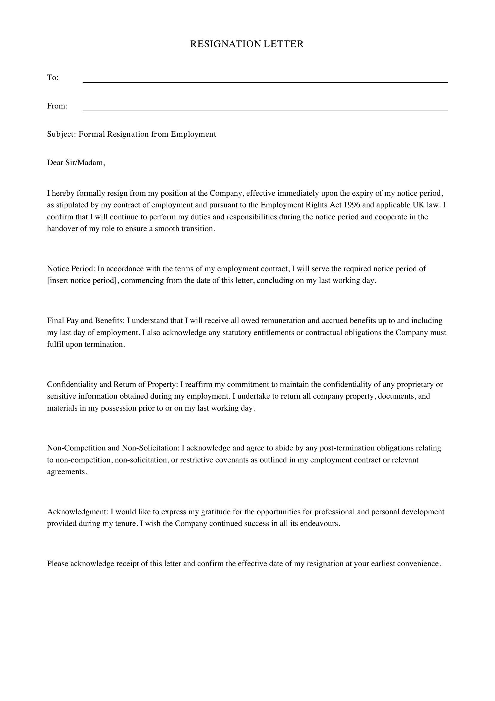 Resignation Letter Template - UK