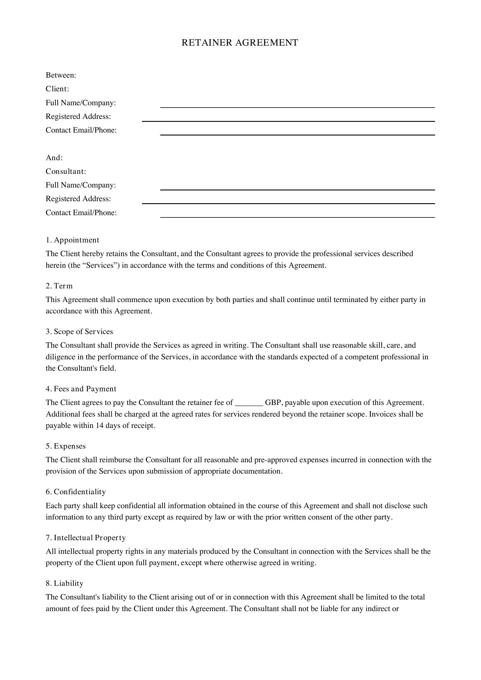 Retainer Agreement Template - UK