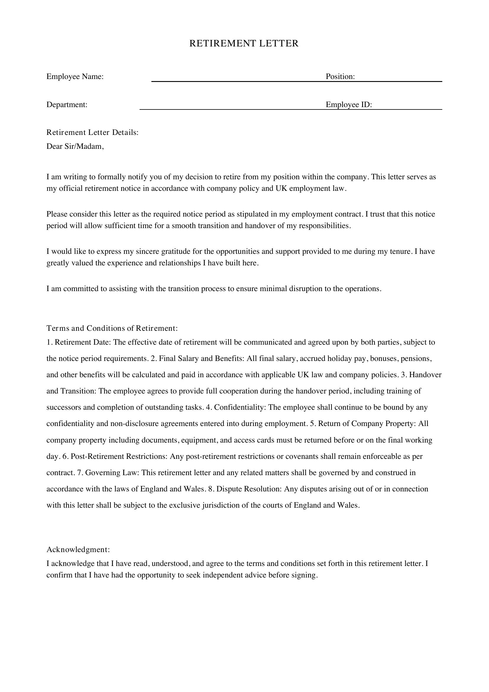 Retirement Letter Template - UK