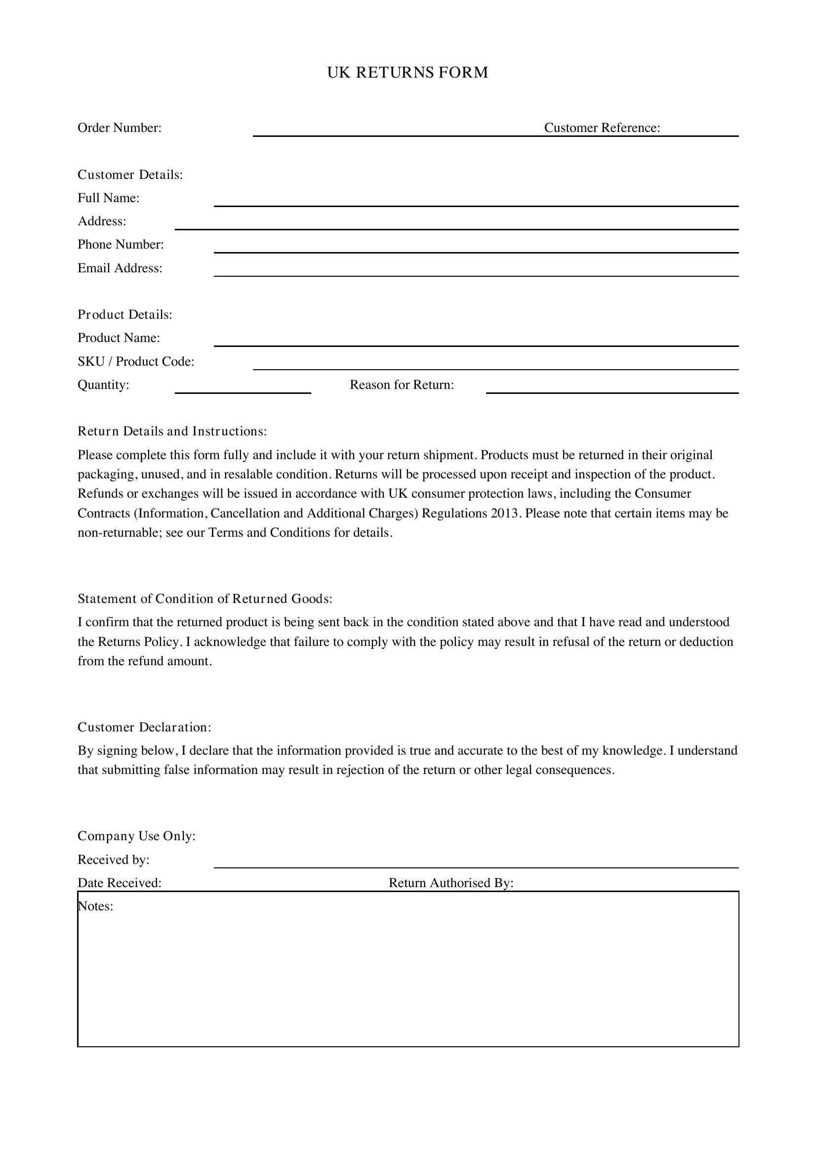Returns Form Template - UK