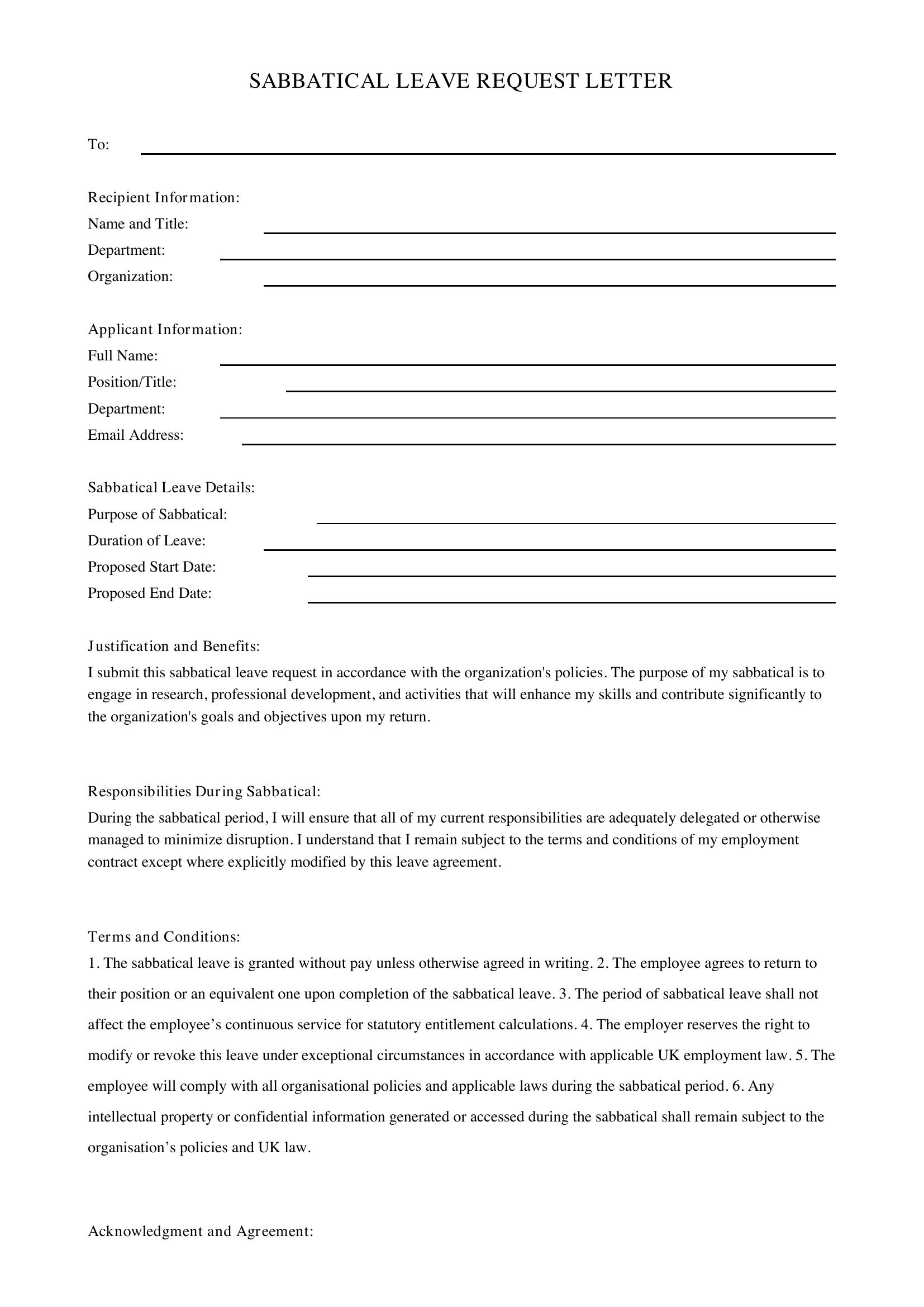 Sabbatical Letter Template - UK