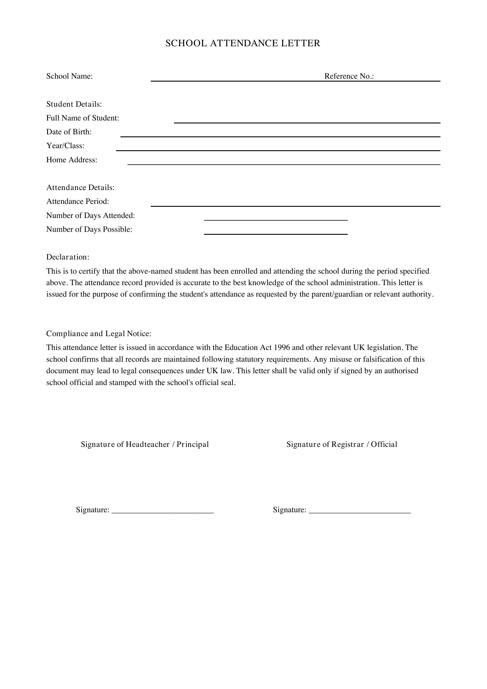School Attendance Letter Template - UK