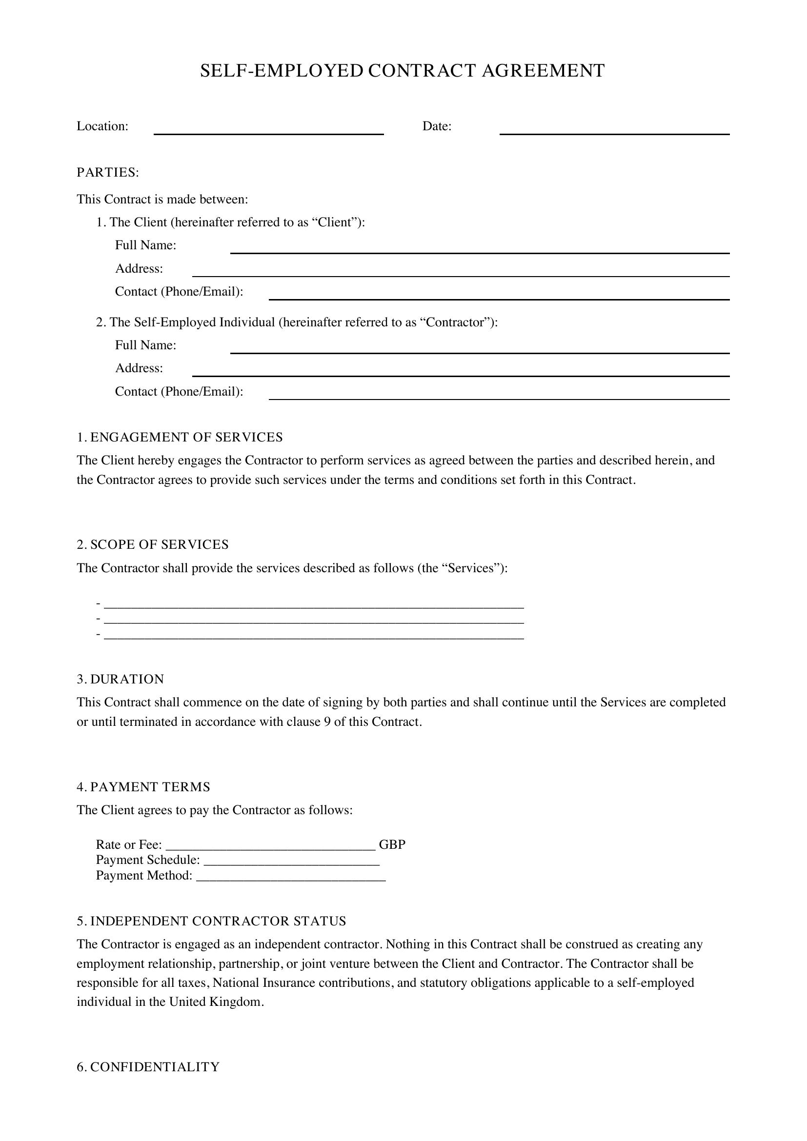 Self Employed Contract Template - UK