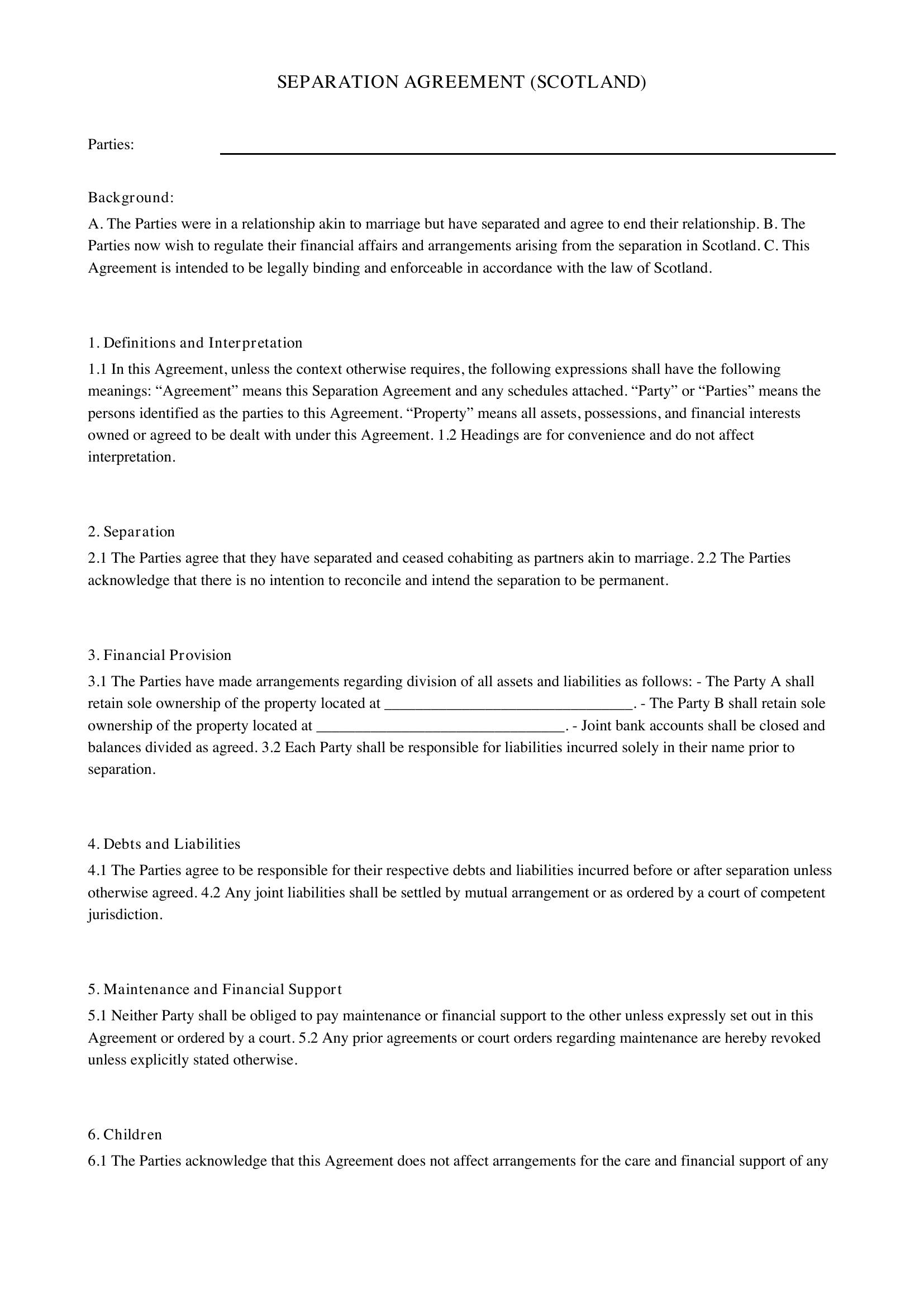 Separation Agreement Scotland Template - UK